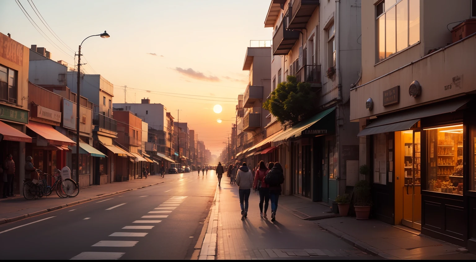 The sunset on the street of the city, people come and go, and the vision is on a small road on the side of the street