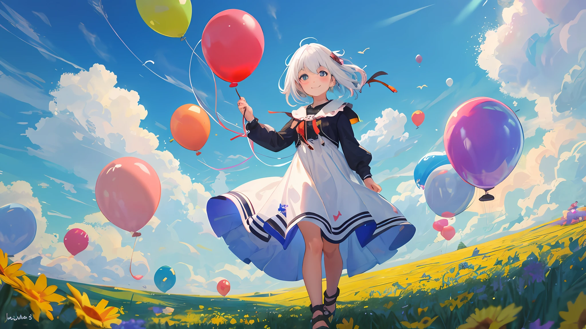 Solo focus, dynamic angle from below, full body, lens flare,
walking, looking at sky, little cute dress,
Toddler, kawaii, flying balloon up to sky, Blue sky,
windy, blush, small smile, :•, white hair,
Outdoors, landscape, kaleidoscope, beautiful sky, cloudy sky, colorful balloon, holding balloon,
a blue sky with many flying Balloon, lens flare, flower field,
Masterpiece, best quality,