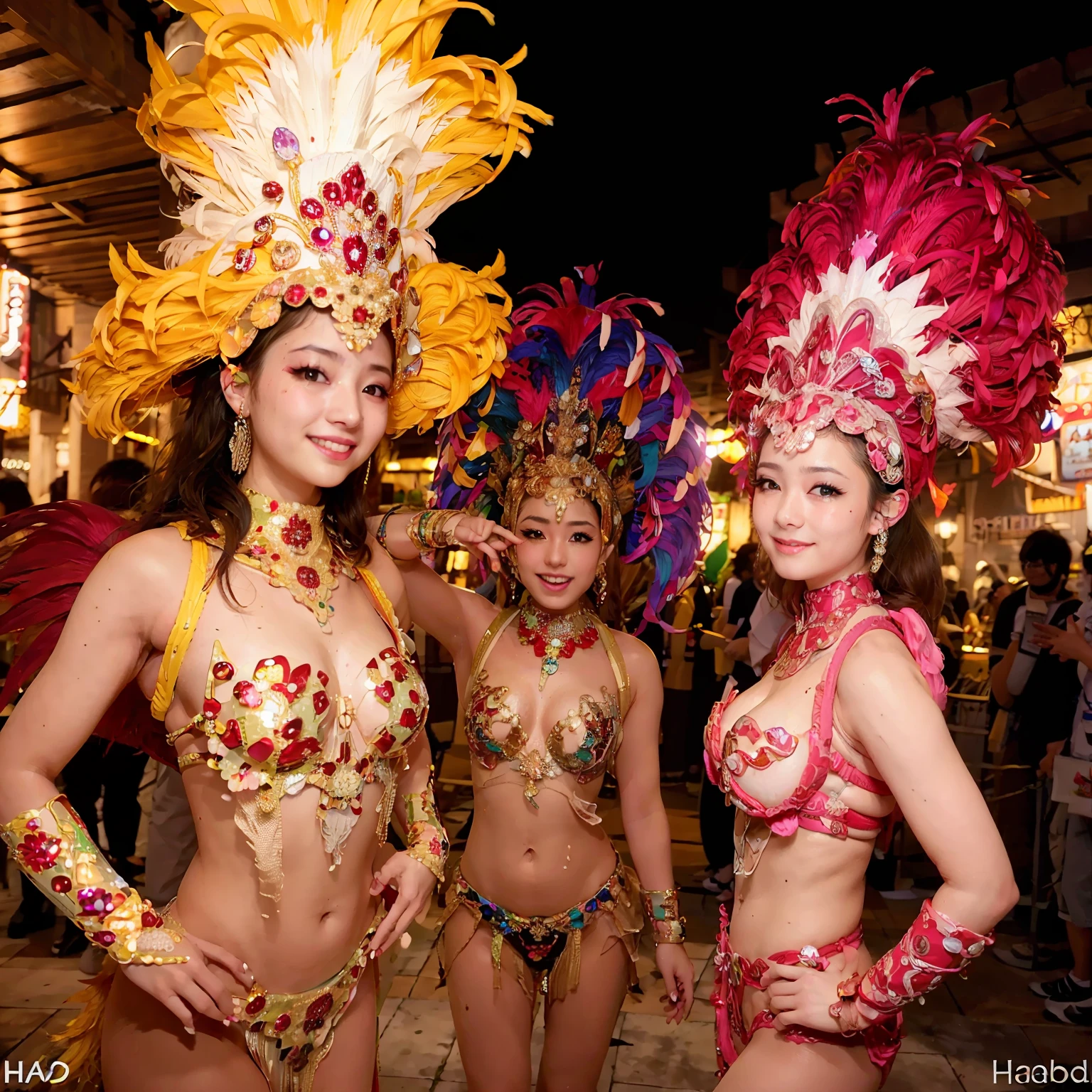 (8k, RAW photos, best quality, masterpiece, : 1.2), (realistic, photorealistic: 1.3), (3girls: 1.3)), (samba dance dress: 1.3), beautiful Japan girl of , woman in carnival, good hands, head: 1.3, (Hasselblad photo)), colorful, bright colors, fine skin, Cute, Smile, Sweat, Sharp Focus, (Movie Lighting), Soft Lighting, [:( Detail Face: 1.2): 0.2], Medium Breasts, Ultra High Resolution, Physically Based Rendering, Cinematic Lighting, Dynamic Angle