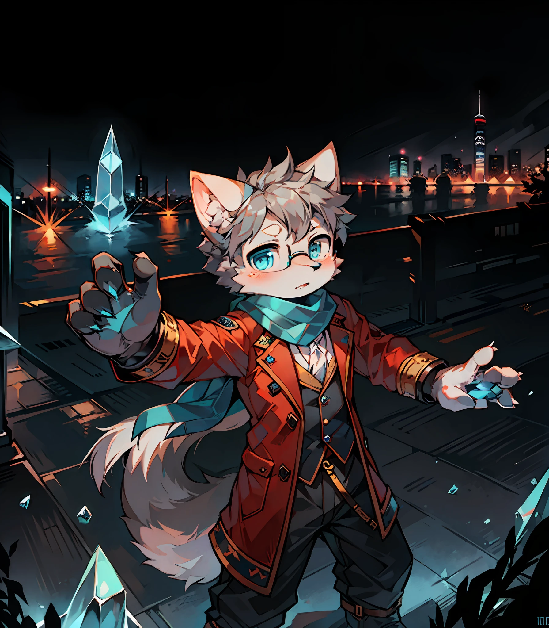 Highest quality, delicate painting style, delicate hook line, masterpiece, delicate skin, delicate hair, complete painting, masterpiece, delicate hands, delicate eyes, normal eyes, gray cat ears, furry, gray hair, black framed round glasses, blue eyes, handsome, ((white scarf)), wolf style, Shota, cyberpunk, blue pupils, city night view, gray hair, bangs, gray crystal wings, mottled light and shadow, steampunk, short hair, boys, bright eyes with gods. , Crystal Shards in the Air, City, ((Battle Stance))