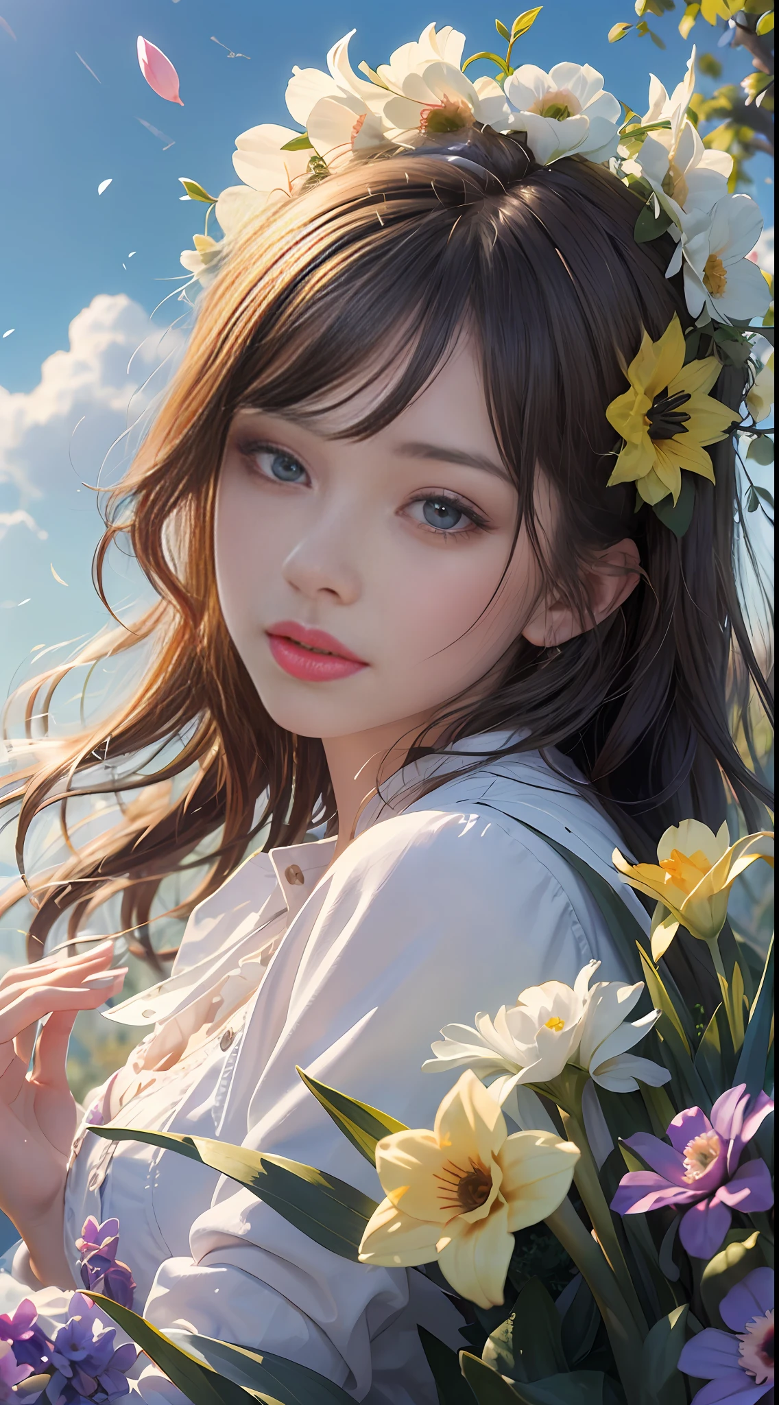 ((masterpiece,best quality)),(1girl, solo:1.4),beautiful detailed eyes, vivid, cloudy sky, flower, anemone \(flower\), daffodil, hyacinth,falling petals,