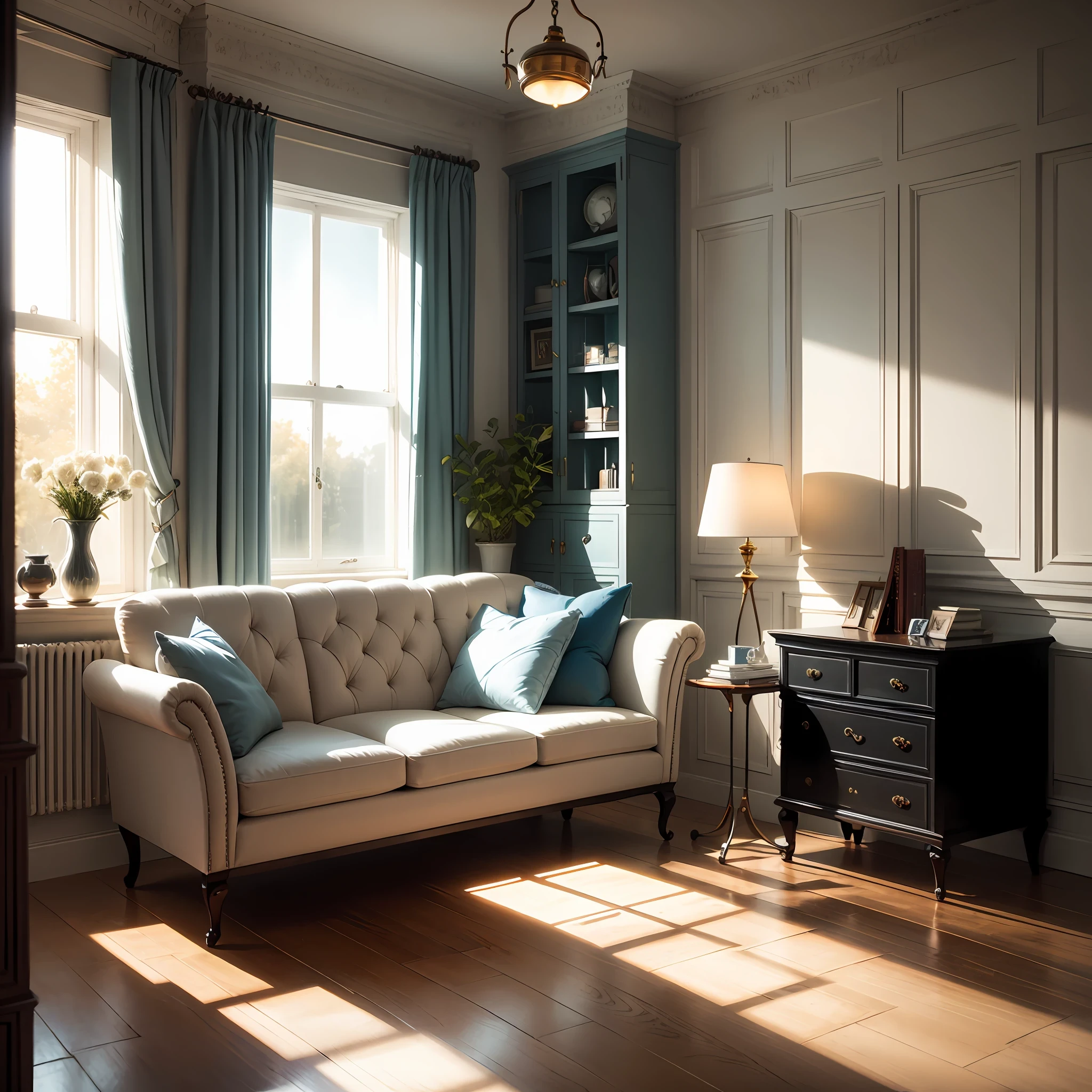 parlor, sun shining, lamplight, Sofa, White cabinet, blue color, Surrealism, Modern minimalist style, 8k, super detail, Full of details --auto