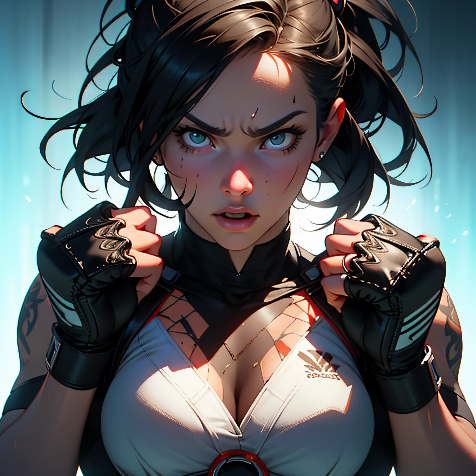 Illustration of an MMA fighter girl in dynamic combat pose, facial expression of fury, hot body, nice boobs, detailed face, intricate datails, glowing skin, stylish rocker, cinematic lighting, super detail, best quality, masterpiece, anatomically correct, textured skin, super detail, high details, high quality, Artstation. background, a cinematic ring.