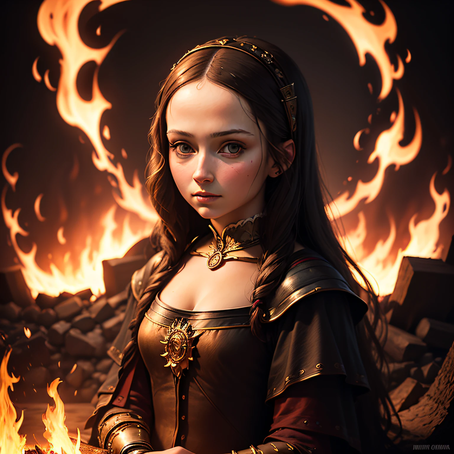 cinematic shot of Monalisa cute realistic, surrounded by fire, seamless, epic, cinematic, intricate details, award-winning, great lighting, shading, high quality, detailed