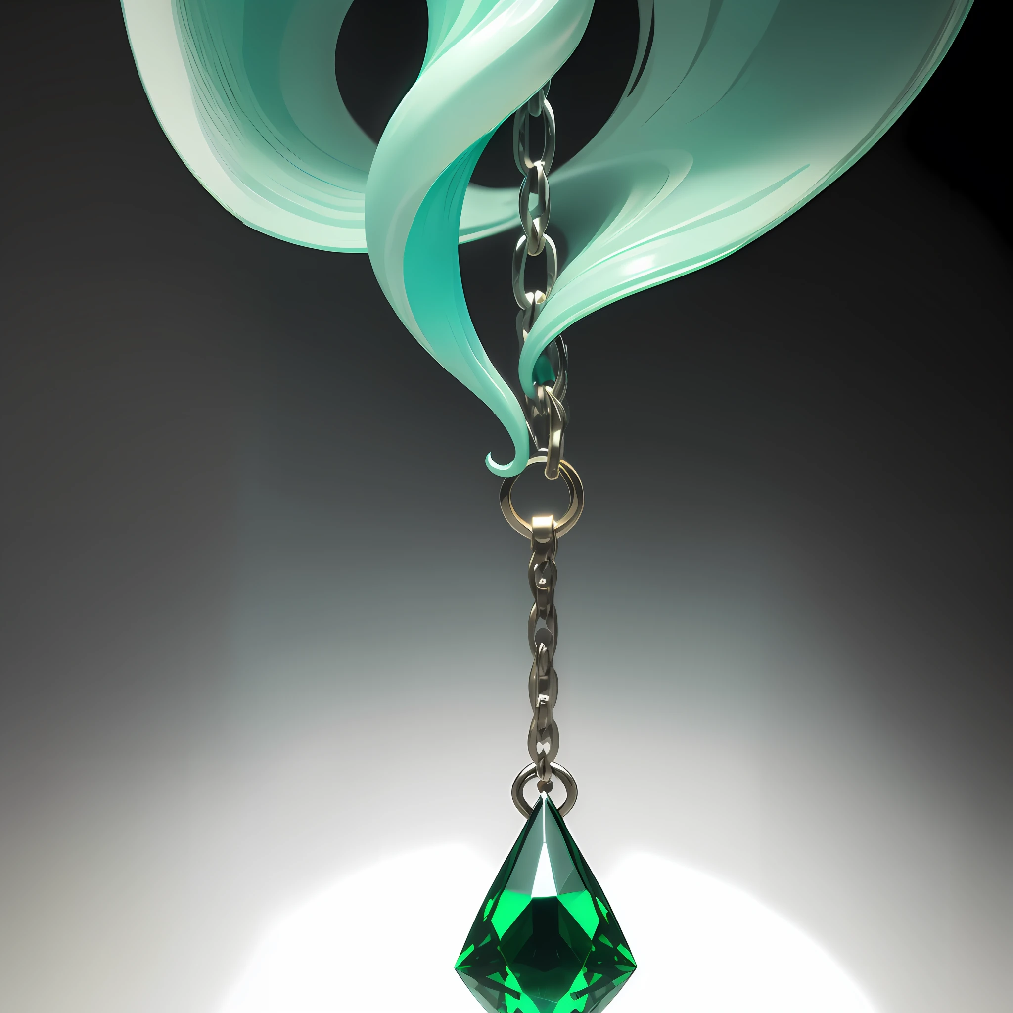 there is a green crystal hanging from a silver chain, rendered in keyshot, flowing aqua silk, hook as ring, cast glass, ultrafine detail ”, teal ethereal tendril wings, dirk dzimirsky, organic form ”, rendered art, closeup photo, ornate and flowing, rendered in arnold, rendered, with celadon glaze, depth detail