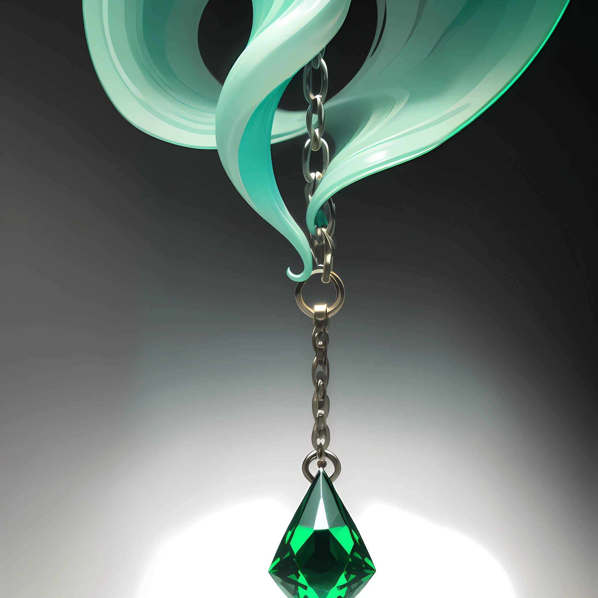 there is a green crystal hanging from a silver chain, rendered in keyshot, flowing aqua silk, hook as ring, cast glass, ultrafine detail ”, teal ethereal tendril wings, dirk dzimirsky, organic form ”, rendered art, closeup photo, ornate and flowing, rendered in arnold, rendered, with celadon glaze, depth detail