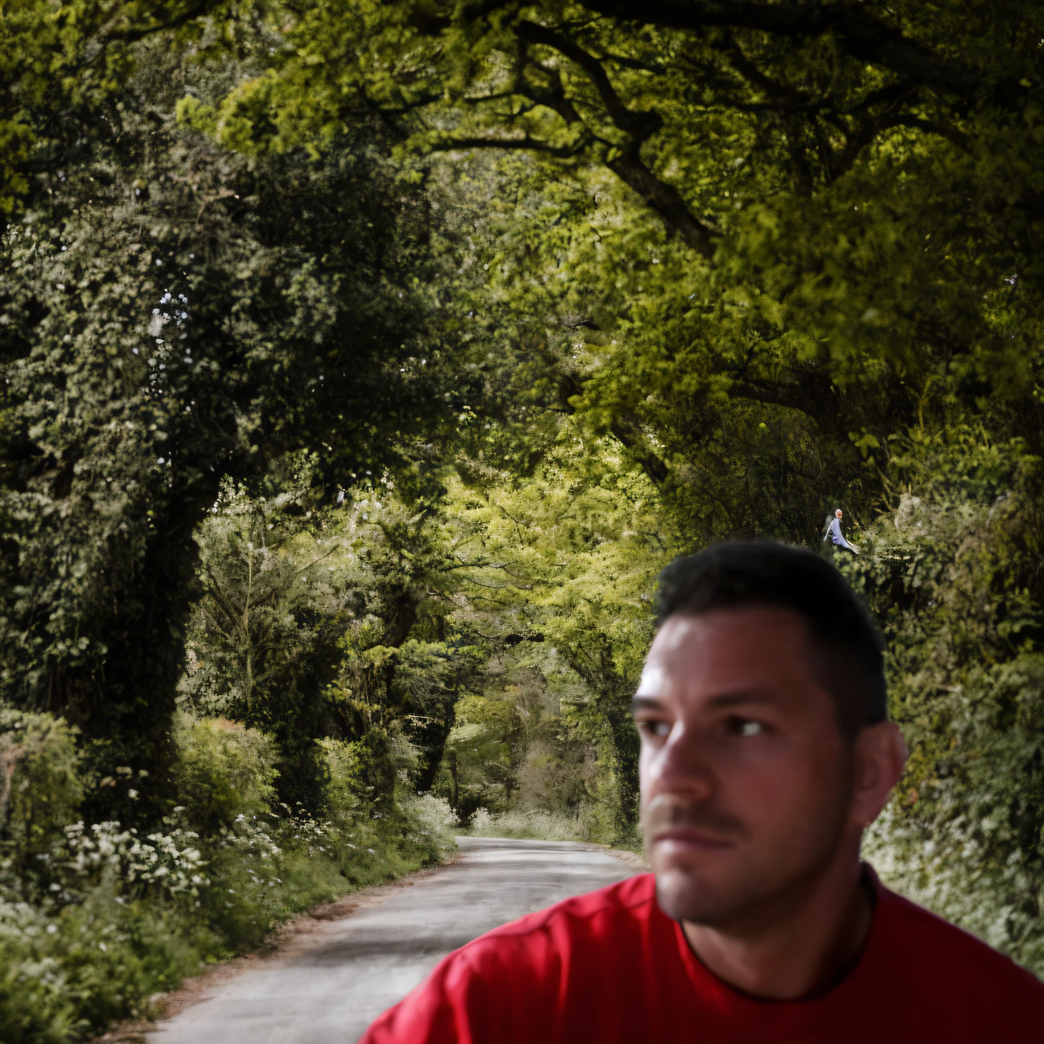there is a man that is standing on a road with a frisbee, forrest in background, forrest in the background, looking down road, amidst nature, inspired by Michael James Smith, amongst foliage, stood in a tunnel, lost in thought, inspired by Tom Chambers, trees in the background, inspired by Romain brook, environmental portrait, stable diffusion self portrait