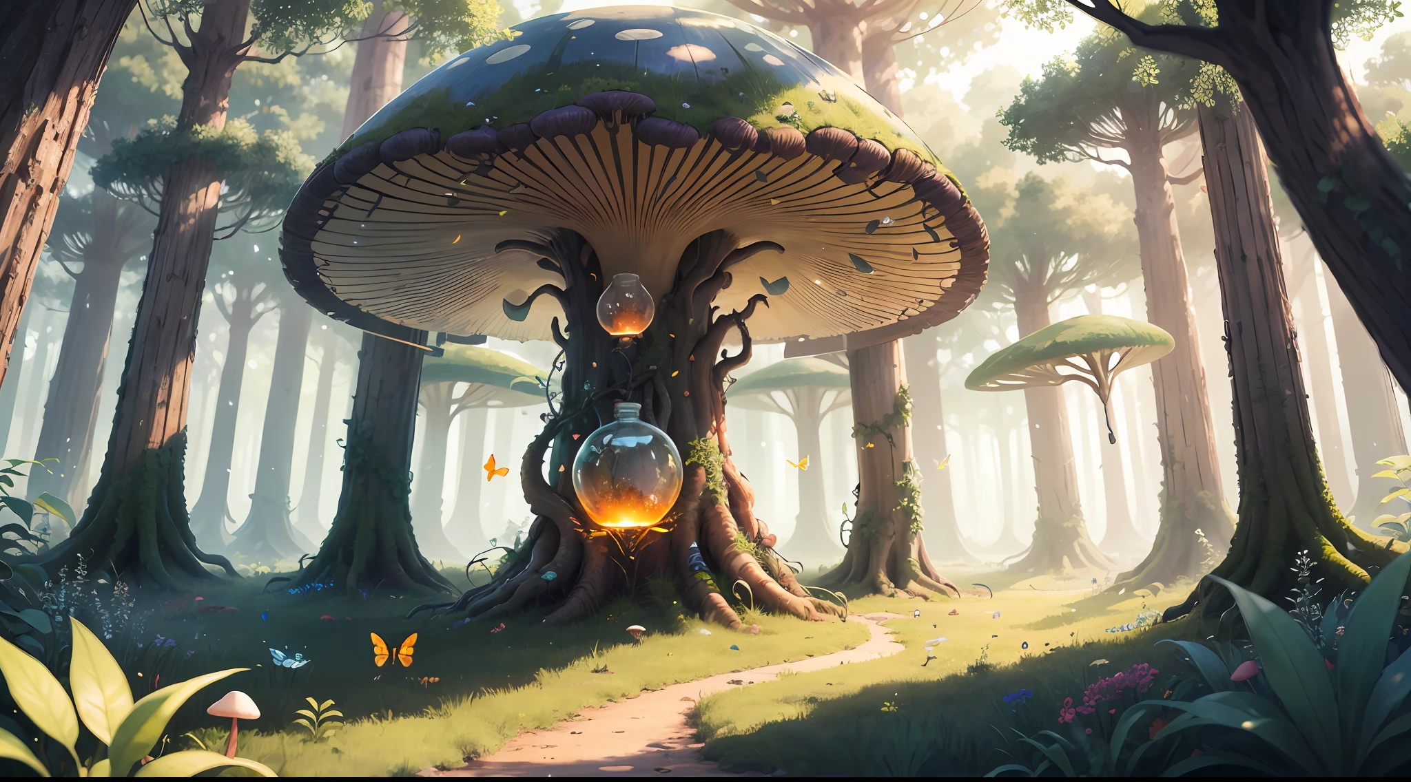 (Masterpiece, 4k resolution, ultrarealistic, very detailed), (a forest of giant mushrooms of vibrant colors and mesmerizing brilliance, small forest with large trees), ((forest environment):0.8)| (forest landscape, daylight, dynamic lights), (sun))] # Explanation: Prompt mainly describes a 4K painting of ultra-high definition, very realistic, very detailed. a forest of giant mushrooms, . (Masterpiece, best quality: 1.2), (Super detail), (Illustration), Wallpaper, original, Round Bottom Flask, Grass, Vine, Water, Flying Butterflies, Nature, Bright, Surrounded by Light, Terrarium, RPG Style, Cartoon, Fantasy, Mobile game, (Bright)