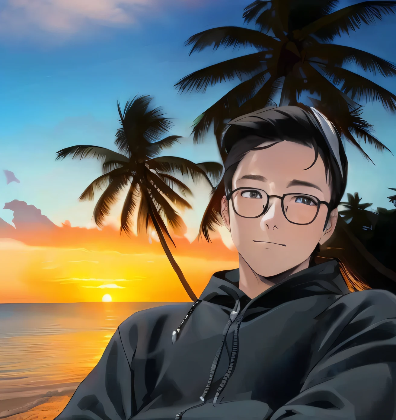 anime guy with glasses and a hoodie standing in front of a sunset, with sunset, nft portrait, with a sunset, high quality portrait, realism artstyle, realistic anime artstyle, profile picture 1024px, at the beach on a sunset, at beach at sunset, in anime style, realistic artstyle, ig studios anime style, at a beautiful sunset