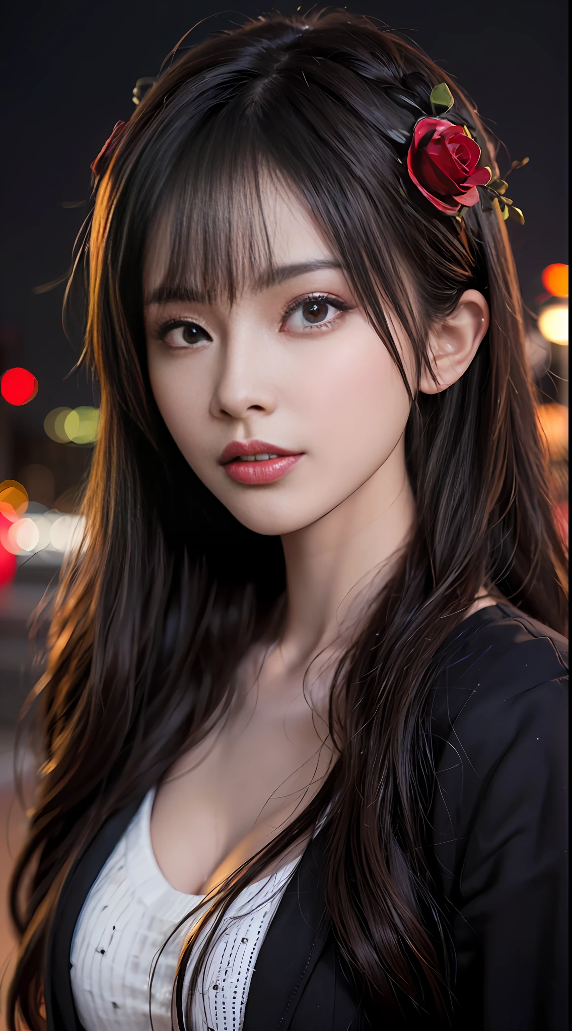 1girl, Tokyo street,night, cityscape,city lights, upper body,close-up, 8k, RAW photo, best quality, masterpiece,realistic, photo-realistic,headgear of red rose, parted bangs, long hair,