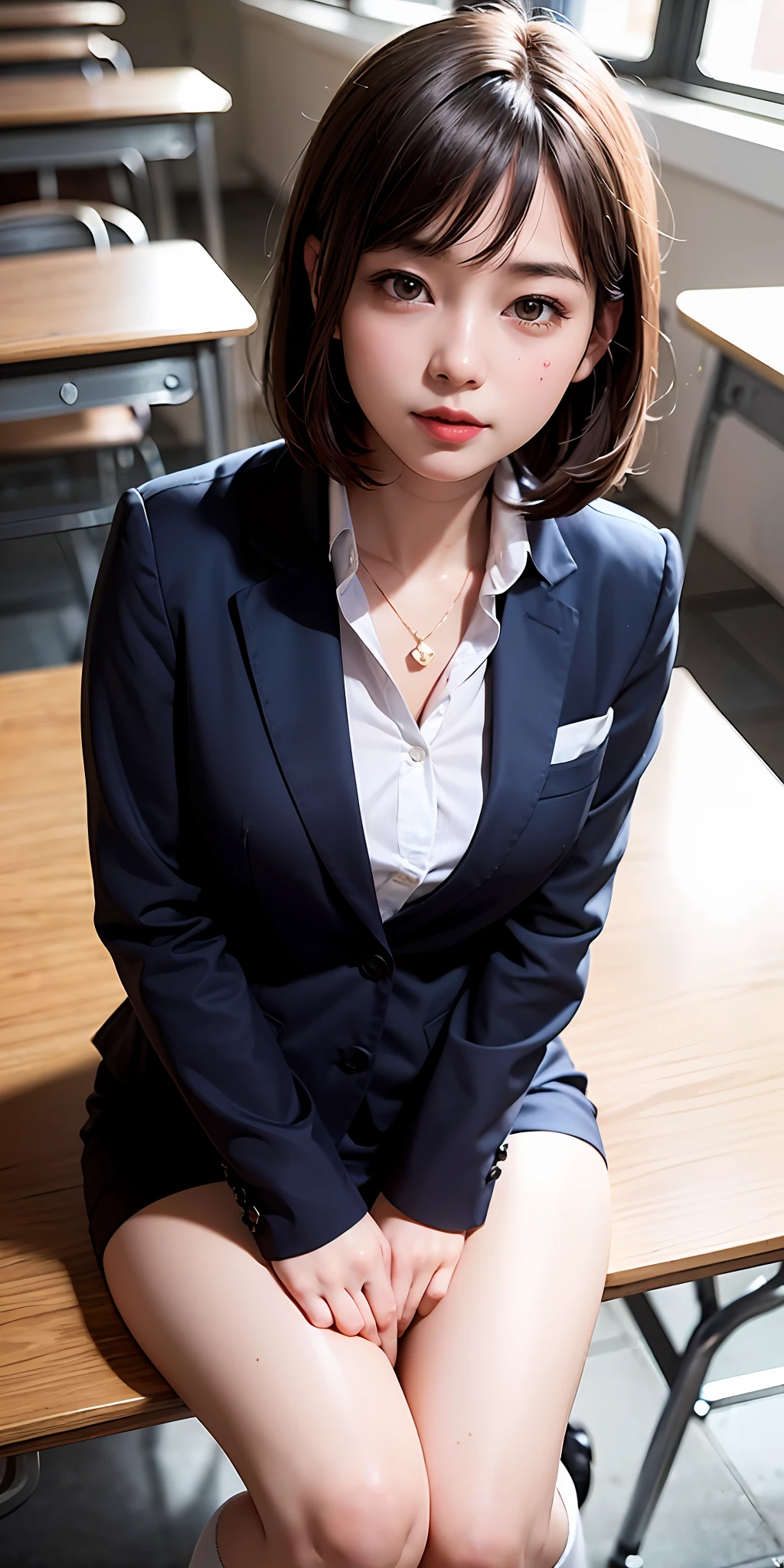 ((8k, RAW photo, top quality, masterpiece), HD RAW color photo professional close-up photo, (realistic, realistic: 1.37), (highest quality), (best shadow), (best illustration), collarbone ((large)), ((pornographic, sexy, super high resolution, HD CG unified 8K wallpaper, physically based rendering, cinematic lighting), (aegyo sal: 1), 18 year old girl, (gray blazer, ribbon, socks, high school uniform: 1.2), high school classroom, Beautiful details eyes, light on the face, ((Full body shot: 1.2)), extra bright light, (upper eye, grin: 1.2), shiny skin, ((brunette, Bob hair: 1.2))), (thick thighs), ulzzang-6500-v1.1: 0.2, shy, (flash: 1.2), NSFW, (puffy), (seductive pose: 1.2, charming: 1.2)), (idle), (sitting at a desk in the classroom: 1.2)), (good anatomy: 1.2)), (bright and refreshing classroom, background blurred: 1.2)), perfect face, cute face, (high angle shot: 1.2), binding