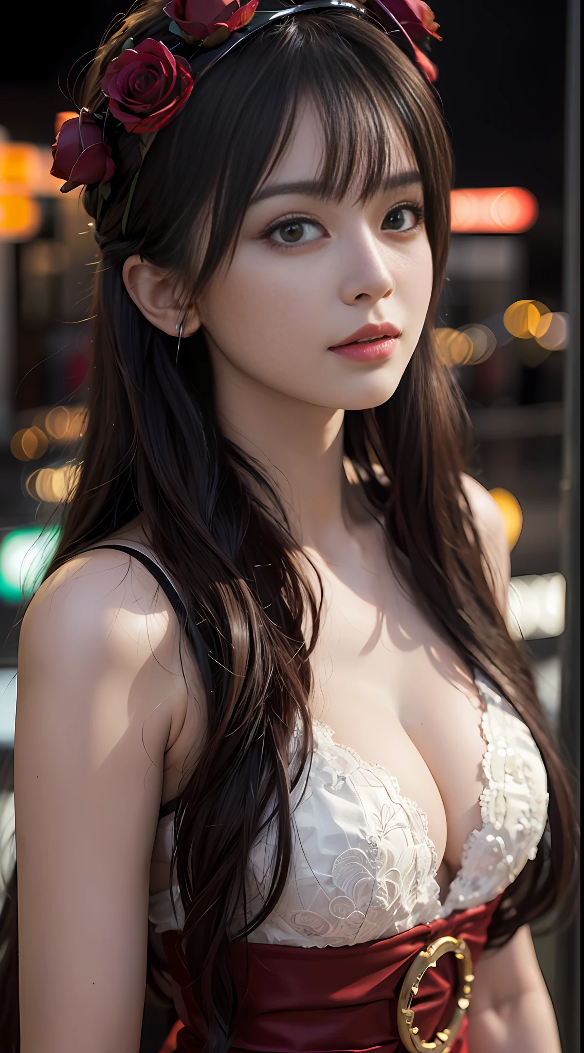 1girl, Tokyo street,night, cityscape,city lights, upper body,close-up, 8k, RAW photo, best quality, masterpiece,realistic, photo-realistic,headgear of red rose, parted bangs, long hair,