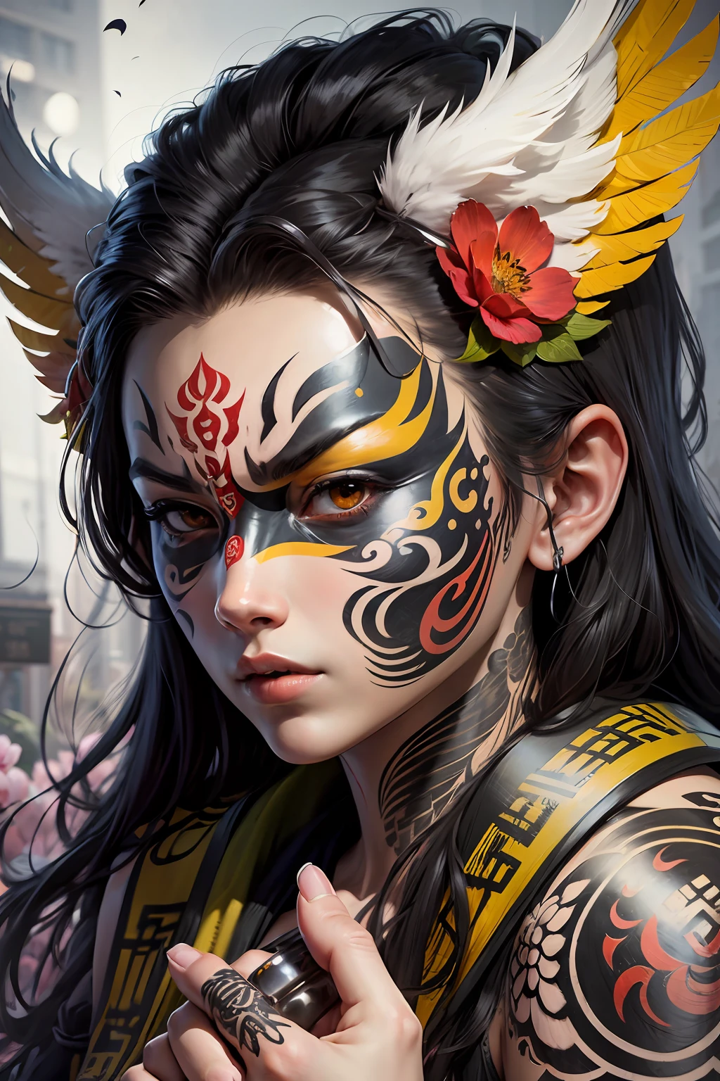 eagle bones neotraditional tattoo style subrealism leaves and oni mask contrast color between red light and yellow , in black ink liner draw backgground color white high details on hands flowers dark, high quality, highres, detail enhancement, best quality, high quality, highres, detail enhancement --auto --s2