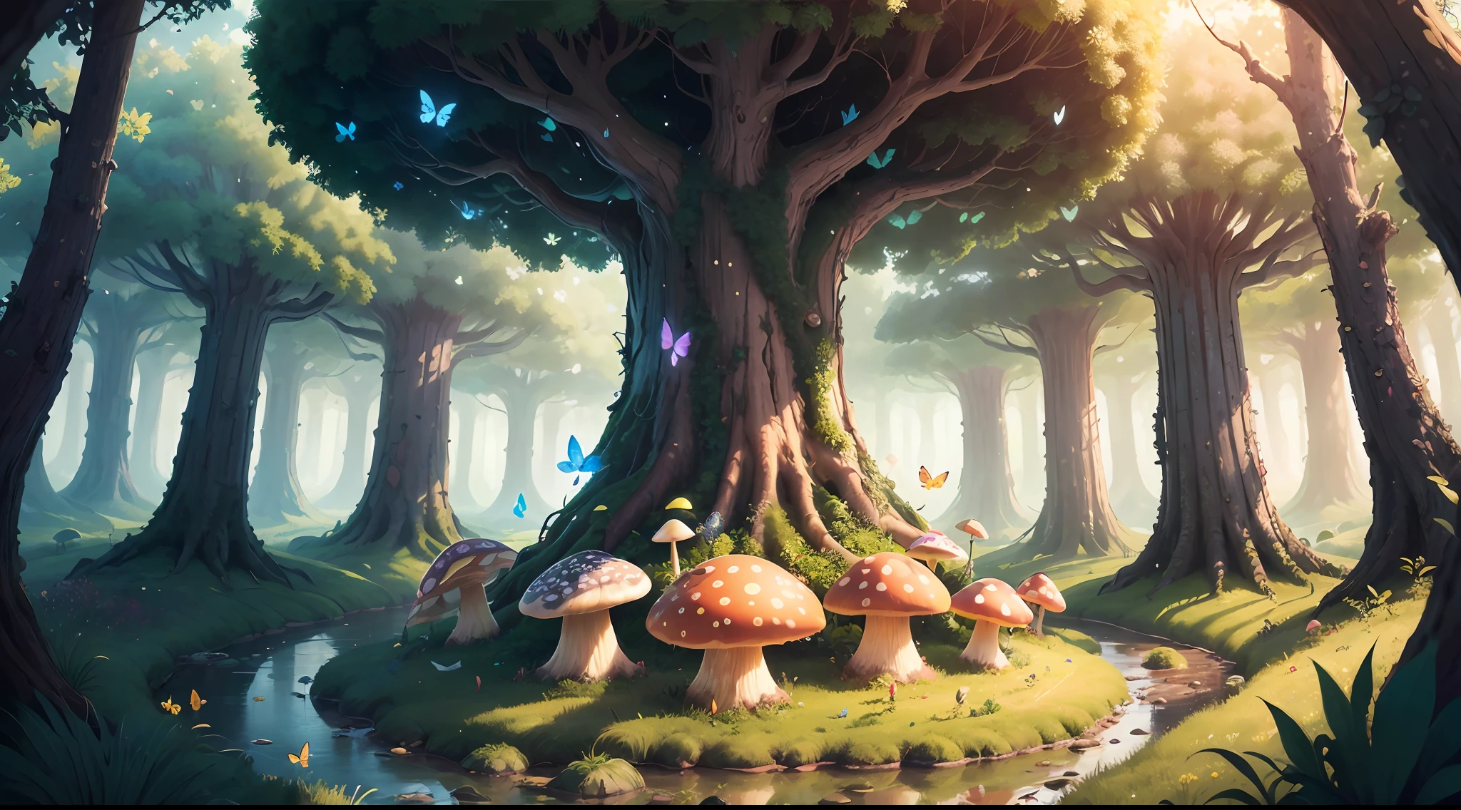 (Masterpiece, 4k resolution, ultrarealistic, very detailed), (a forest of giant mushrooms of vibrant colors and mesmerizing brilliance, small forest with large trees), ((forest environment):0.8)| (forest landscape, daylight, dynamic lights), (sun))] # Explanation: Prompt mainly describes a 4K painting of ultra-high definition, very realistic, very detailed. a forest of giant mushrooms, . (Masterpiece, best quality: 1.2), (Super detail), (Illustration), Wallpaper, original, Round Bottom Flask, Grass, Vine, Water, Flying Butterflies, Nature, Bright, Surrounded by Light, Terrarium, RPG Style, Cartoon, Fantasy, Mobile game, (Bright)