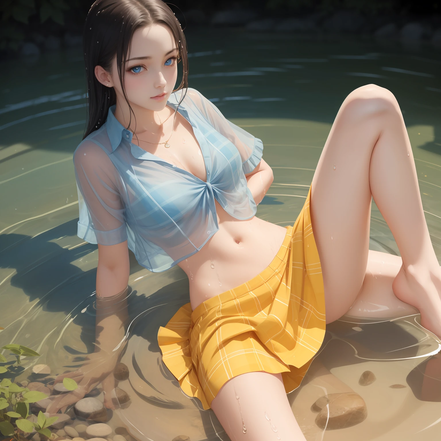 a gorgeous and wonderful 16-year-old masterpiece, light blue eyes, gorgeous surrealistic and sexy body well detailed, short white transparent wet blouse, basic short yellow plaid skirt, small breasts, gorgeous tummy on display, HDR hot temperature Void 5, shiny skin in sensual pose --auto