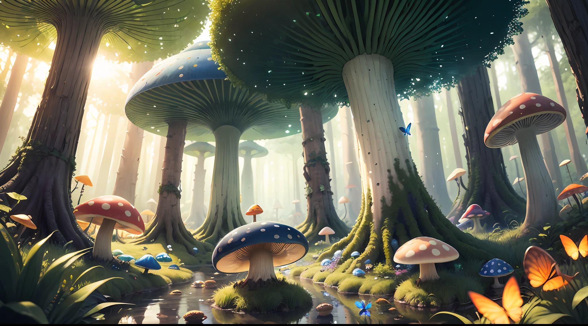 (Masterpiece, 4k resolution, ultrarealistic, very detailed), (a forest of giant mushrooms of vibrant colors and mesmerizing brilliance, small forest with large trees), ((forest environment):0.8)| (forest landscape, daylight, dynamic lights), (sun))] # Explanation: Prompt mainly describes a 4K painting of ultra-high definition, very realistic, very detailed. a forest of giant mushrooms, . (Masterpiece, best quality: 1.2), (Super detail), (Illustration), Wallpaper, original, Round Bottom Flask, Grass, Vine, Water, Flying Butterflies, Nature, Bright, Surrounded by Light, Terrarium, RPG Style, Cartoon, Fantasy, Mobile game, (Bright)