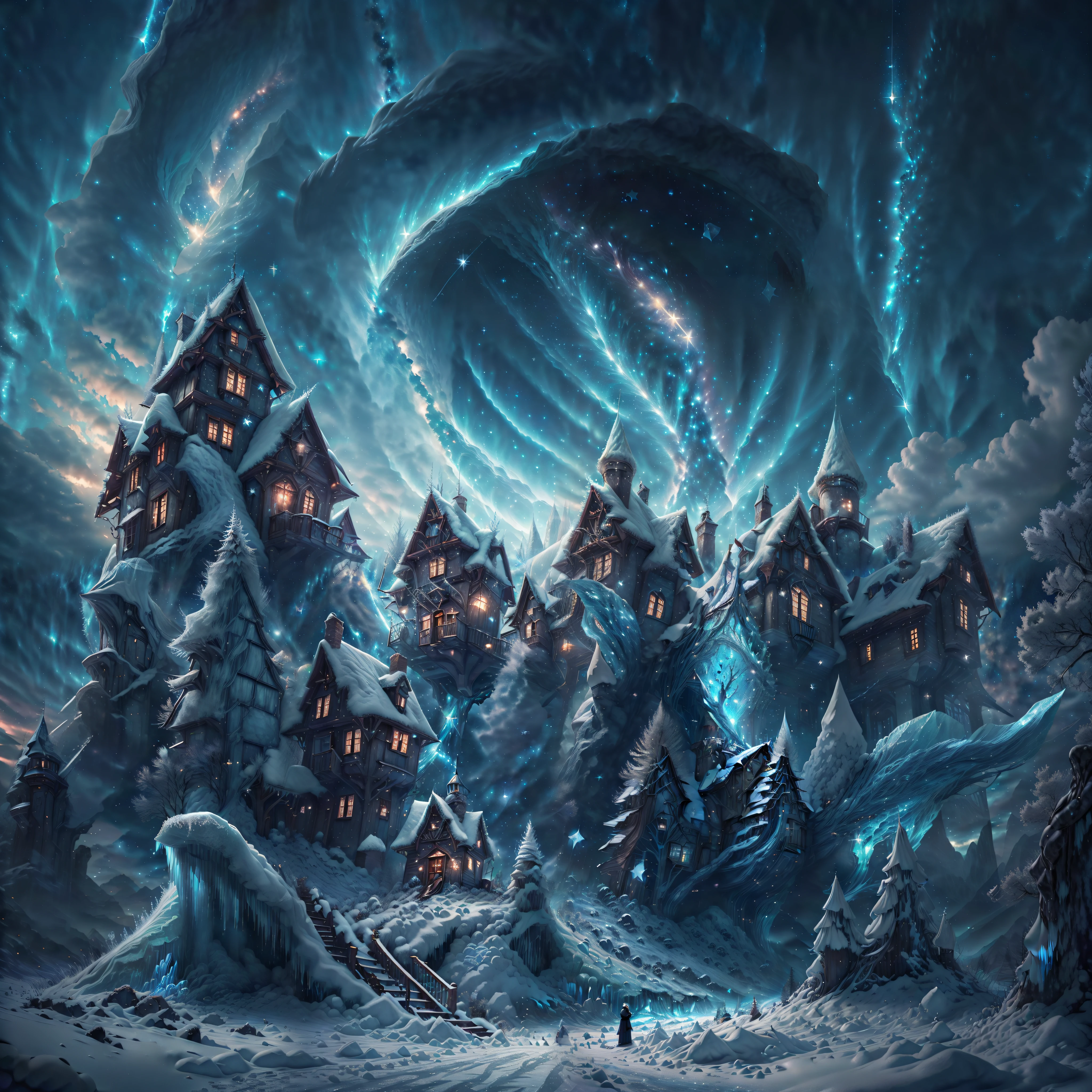 (((Quality 8K))), ice castle, surrounded by frozen elements, (with an ultra-realistic sky filled with stars,