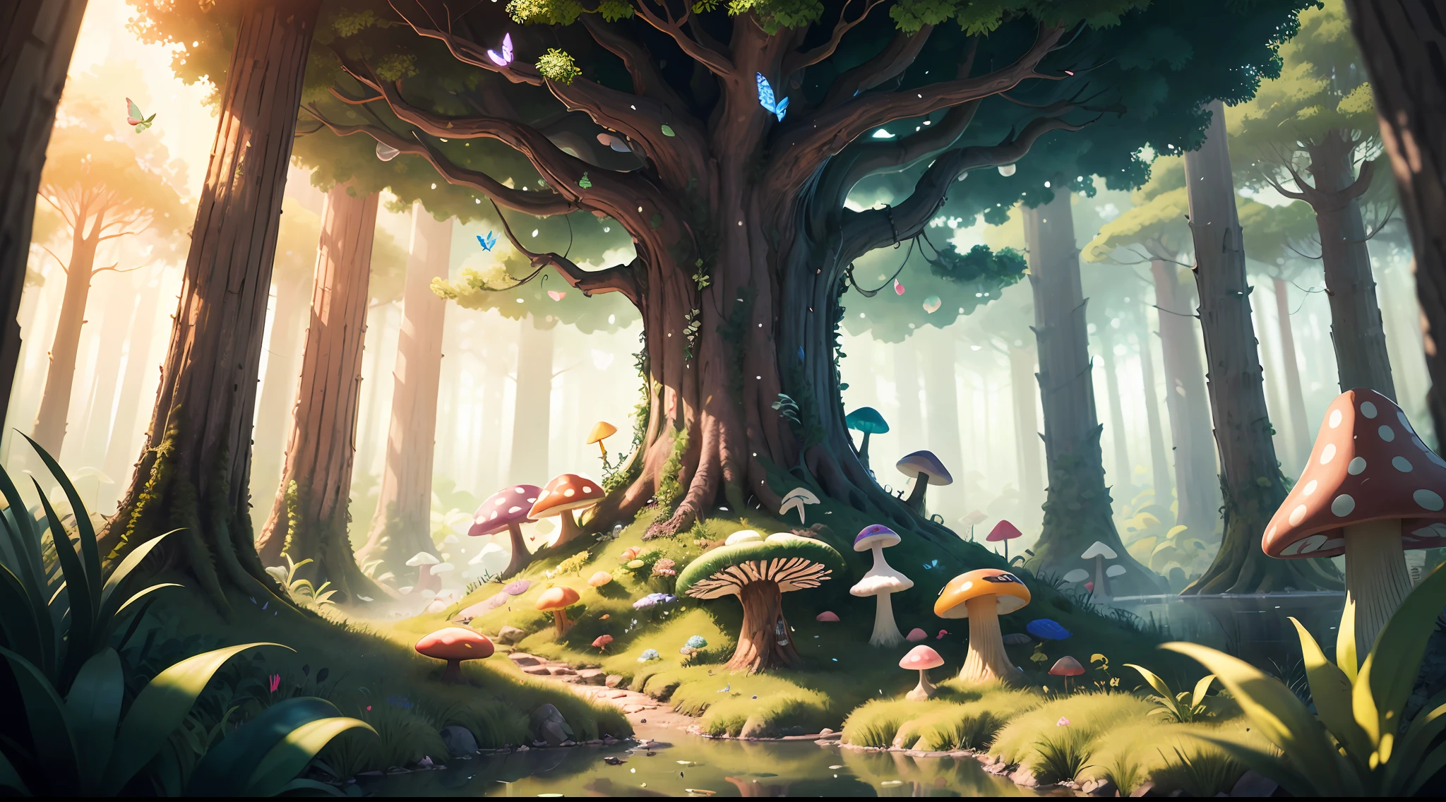 (Masterpiece, 4k resolution, ultrarealistic, very detailed), (a forest of giant mushrooms of vibrant colors and mesmerizing brilliance, small forest with large trees), ((forest environment):0.8)| (forest landscape, daylight, dynamic lights), (sun))] # Explanation: Prompt mainly describes a 4K painting of ultra-high definition, very realistic, very detailed. a forest of giant mushrooms, . (Masterpiece, best quality: 1.2), (Super detail), (Illustration), Wallpaper, original, Round Bottom Flask, Grass, Vine, Water, Flying Butterflies, Nature, Bright, Surrounded by Light, Terrarium, RPG Style, Cartoon, Fantasy, Mobile game, (Bright)