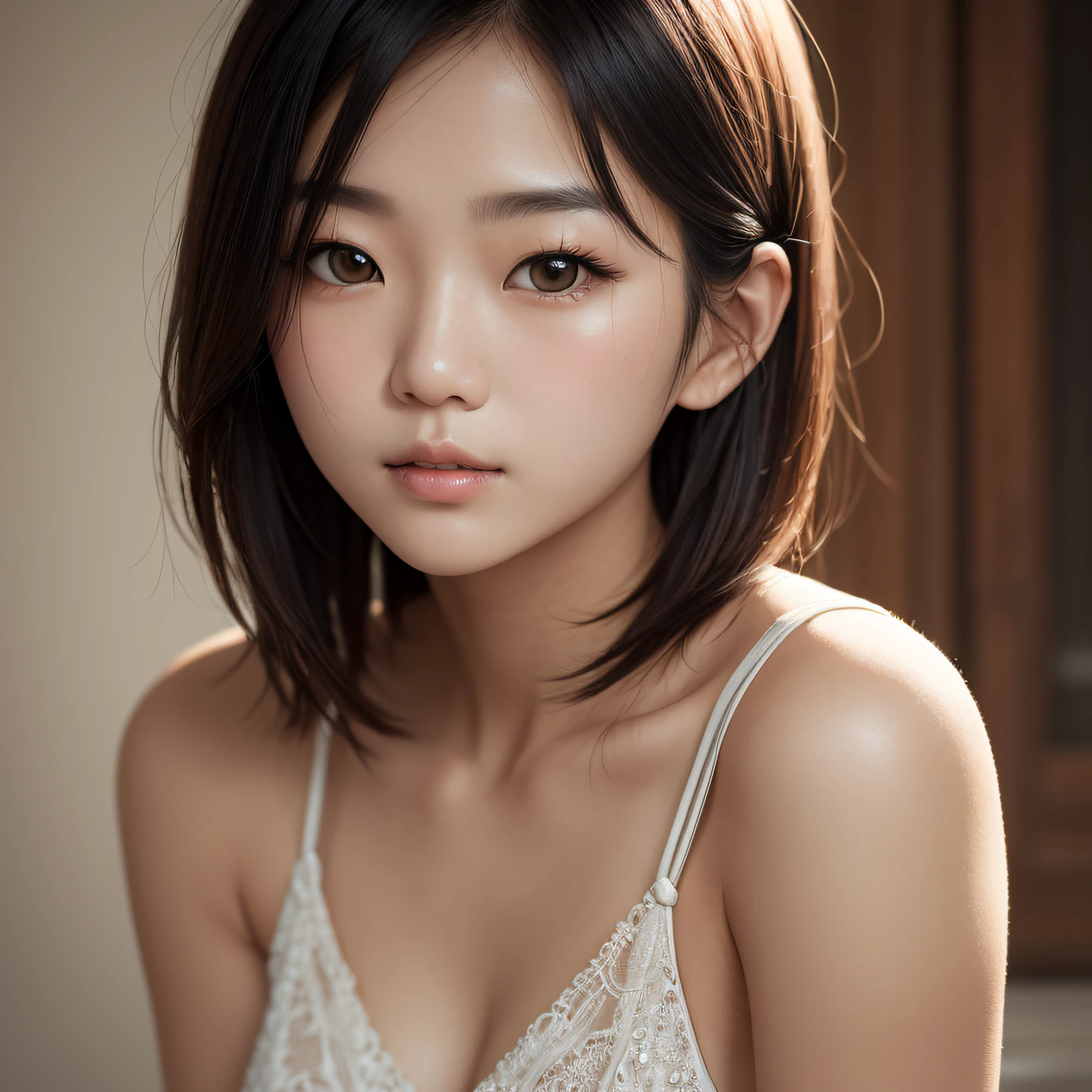 A closeup of a woman with a small chest pose, gorgeous South Korean model, young realistic printmaking idol, with short hair, CGTary trend, lovely delicate face, realistic sensual engraving idol, gorgeous and detailed body and face. soft lighting, beautiful asian girl, young and cute girl, cute-thin-faced, trend in cgstation --auto