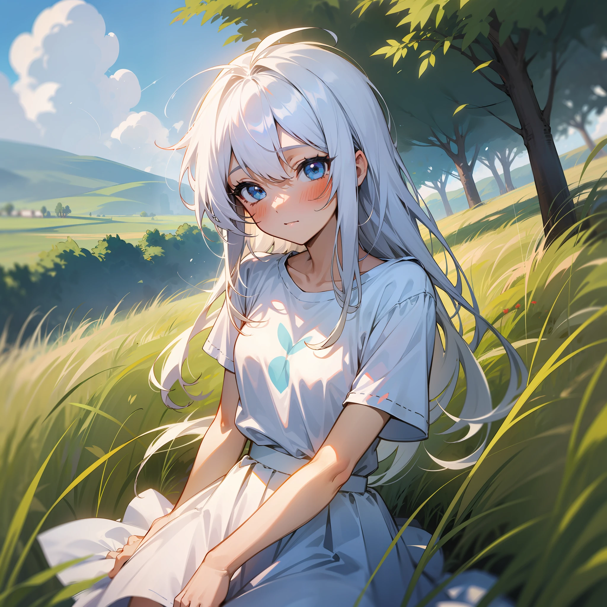 A girl, surrounded by grasslands, the sun is high, white hair, light blue eyes, cute, pure, slightly blushing, the girl's hair is a little messy, a white T-shirt on her body, a white skirt fluttering, the whole body is like