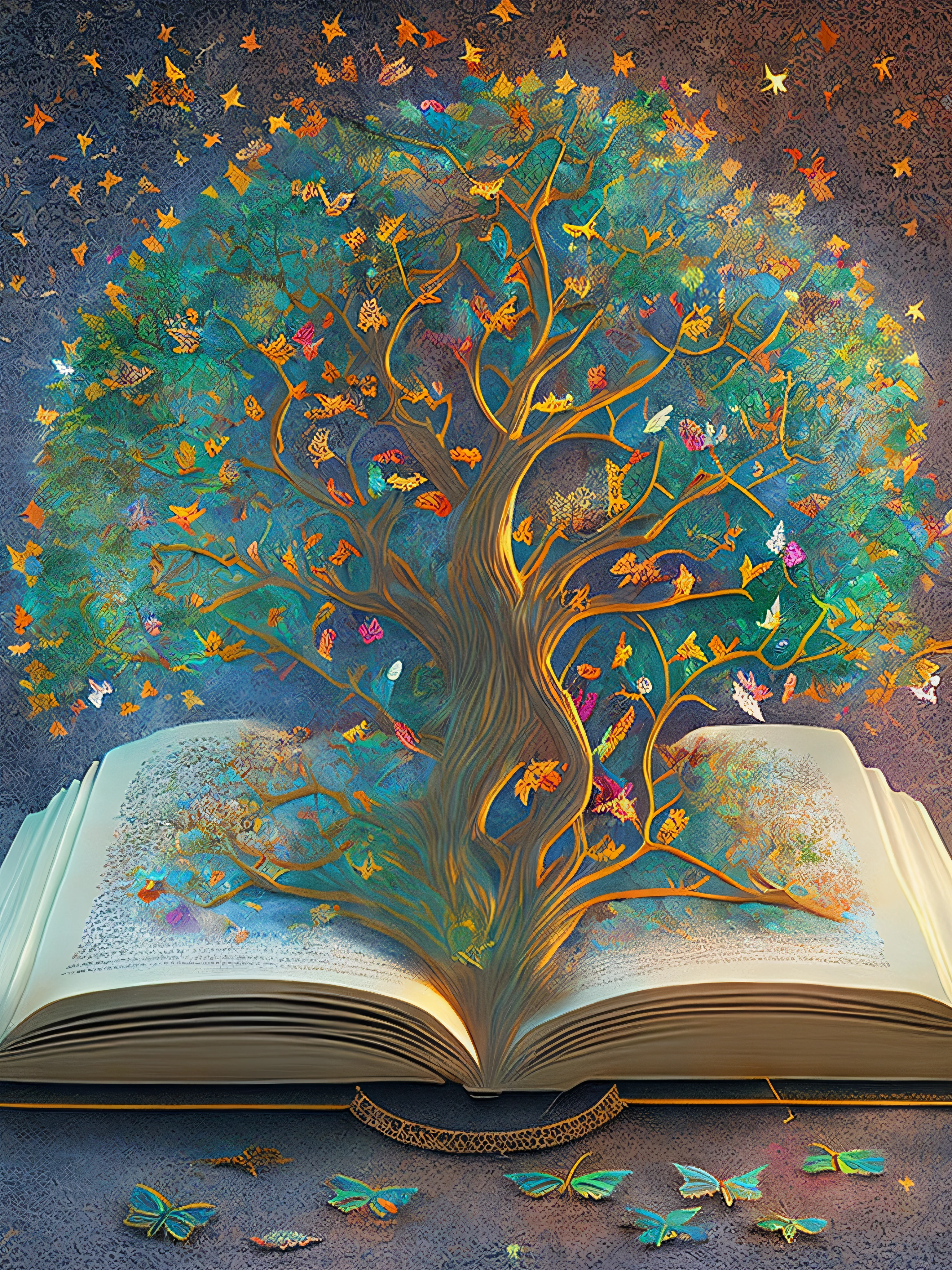 There is a book on the table, (There is a tree in the book: 2), Magic Tree, (Butterfly: 1.2), Flash, Stars, Shooting Star, Magic Book, Magic Tree, Very Magical and Dreamy, Magical and Mysterious, Fantasy Book, Fantasy Tree, Cosmic Life Tree, Magical Ingredients, Magical Background, Enchanting Magic Fantasy Forest, Wonderful and Detailed, Tree of Life, Magic Notes, Great Magic Tree