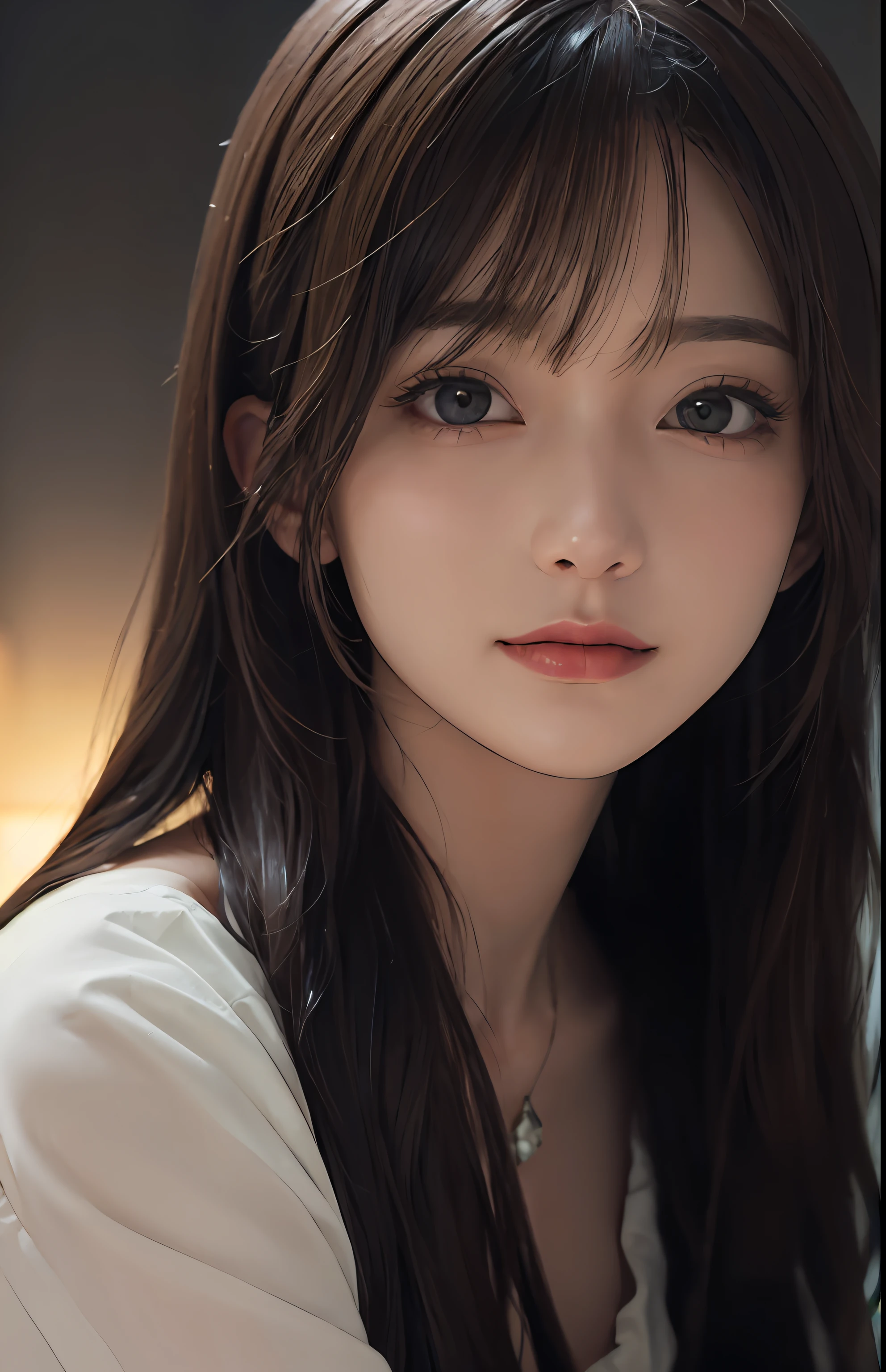 (Ultra Realistic), (Illustration), (Increased Resolution), (8K), (Extremely Detailed), (Best Illustration), (Beautiful and Detailed Eyes), (Best Quality), (Ultra Detailed), (Masterpiece ), ( wallpaper), (detailed face), solo, 1 girl, looking at viewer, fine details, detailed face, in the dark, deep shadows, low key, pureerosfaceace_v1, smiling, long hair, black shawl straight hair , 46 points oblique bangs