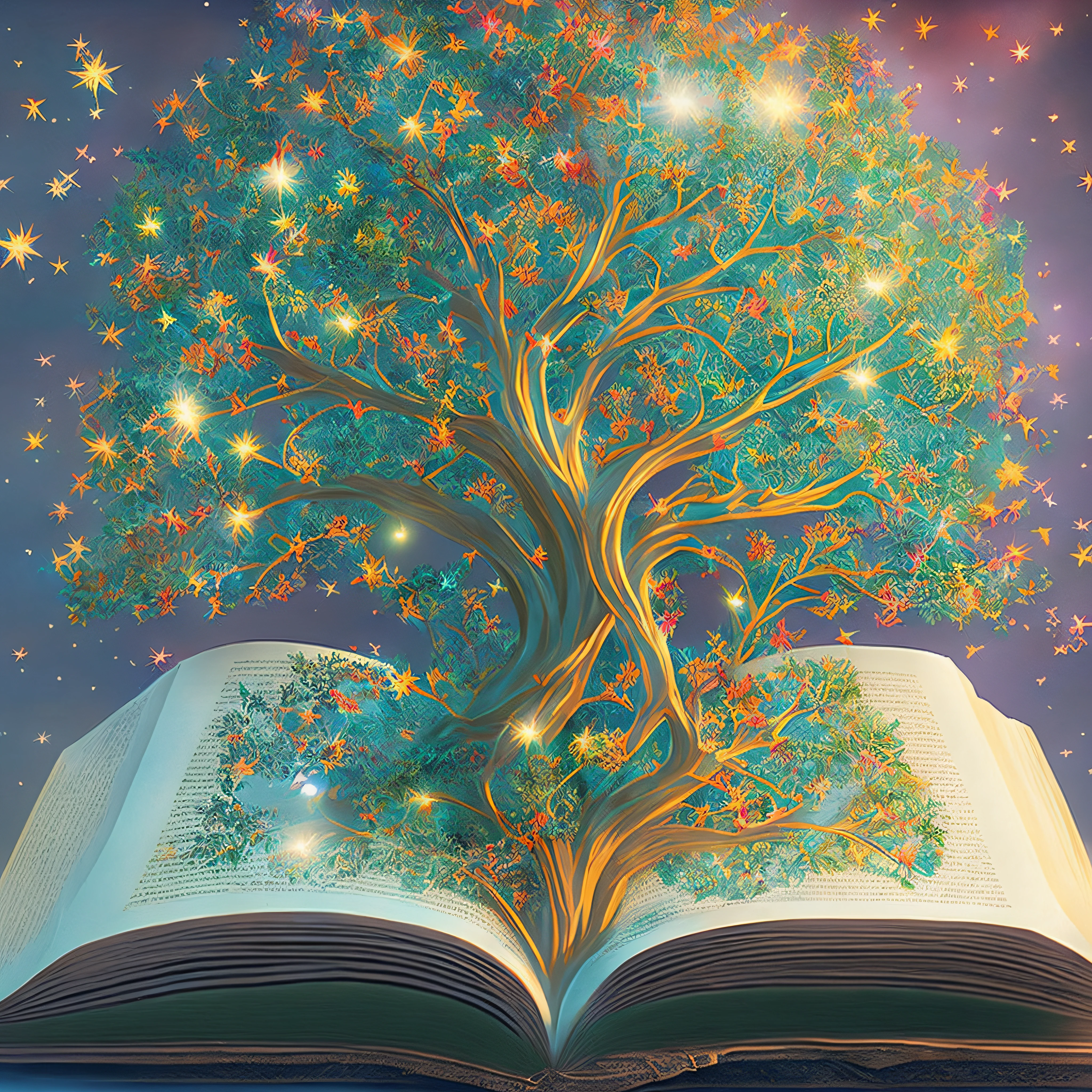 There is a book on the table, (there is a tree in the book: 2), Magic Tree, Flash, star, meteor, Magic Book, Magic Tree, Very Magical and Dreamy, Magical and Mysterious, Fantasy Book, Fantasy Tree, Cosmic Life Tree, Magical Composition, Magical Background, Enchanting Magical Fantasy Forest, Fantastic and Detailed, Tree of Life, Magical Notes, Great Magic Tree