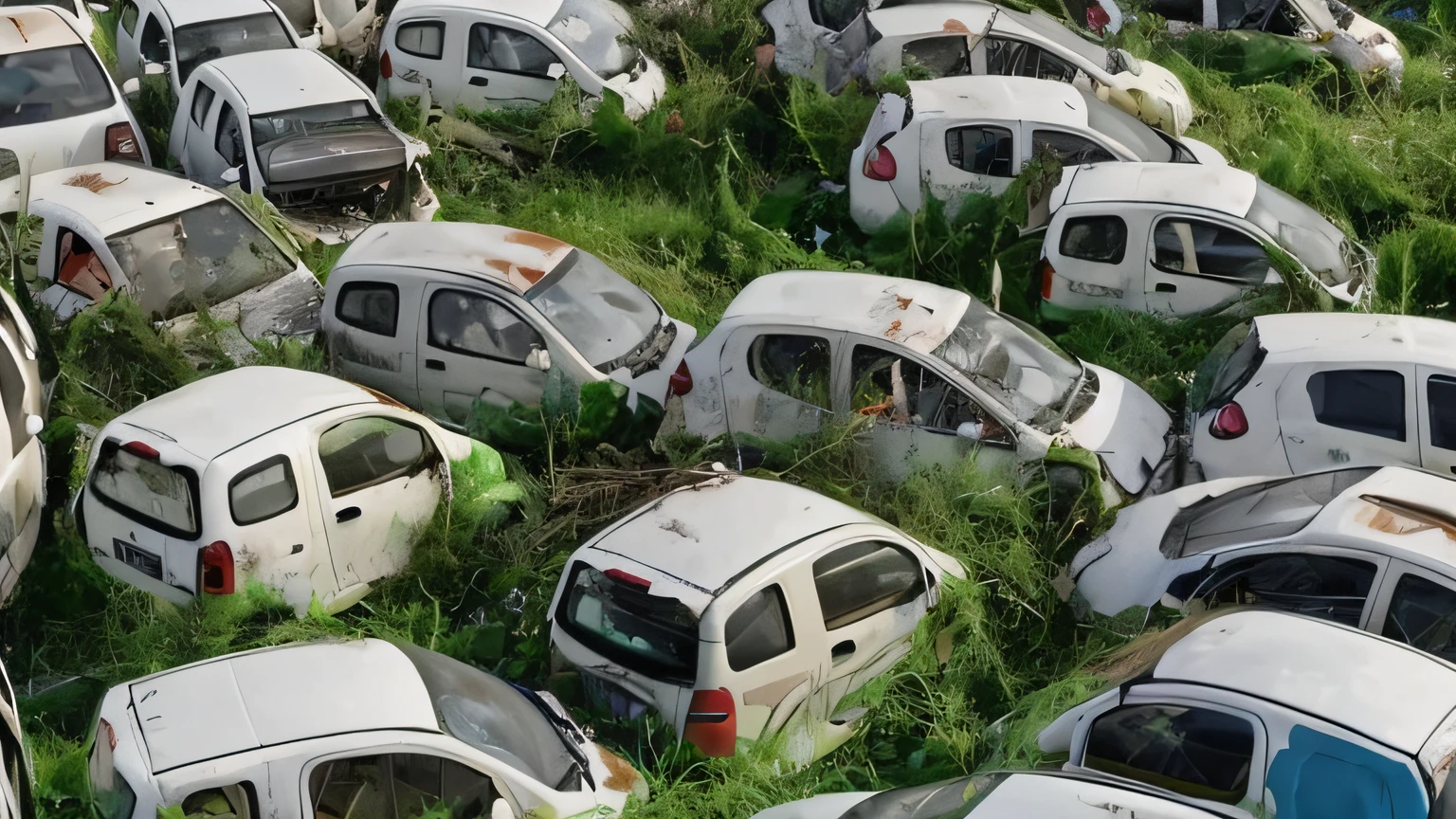 a closeup of a lot of cars that are in a field, many scrap cars covered, cars destroyed, cars destroyed, cars abandoned, abandoned vehicles, broken cars, crashed cars, junkyard, many scrap cars, parked cars, parked cars, cars parked underneath, junkyard, junkyard, cars, destroyed cars overturned destroyed, 4K, 1080P, HD, 4K, 8k, 16k, best quality, high details, ccurate