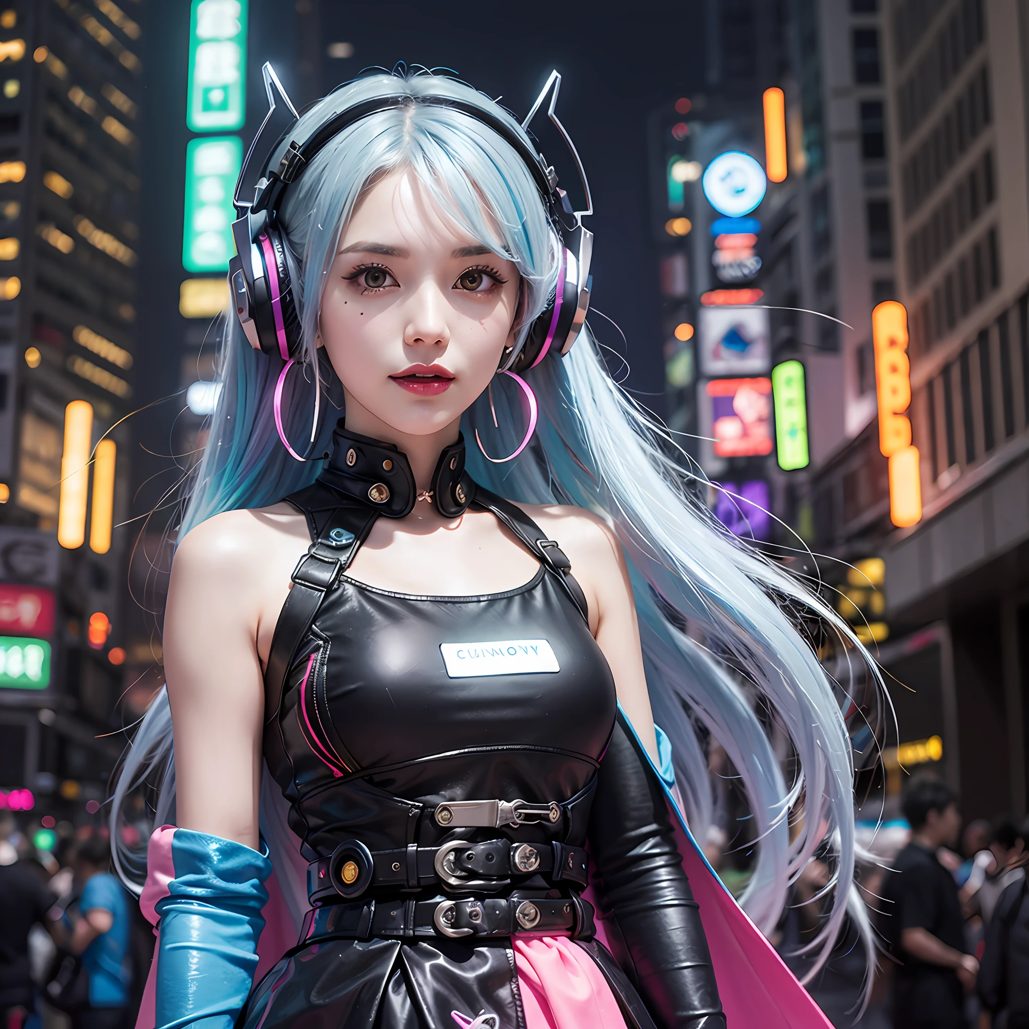 background moon, big moon behind, moon, 1 girl, Chinese_clothes, liquid silver metal and rainbow colors, cyberhan clothes, cheongsam, cyberpunk city, dynamic pose, detailed luminous headphones, glowing hair accessories, long hair, glowing earrings, glowing necklace, cyberpunk, high-tech city, full of mechanical and futuristic elements, futuristic, technology, glowing neon lights, rainbow colors, rainbow colored lights, sexy skirt, transparent black cape, laser, digital background city sky, big moon, There are vehicles, best quality, masterpiece, 8K, character edge light, super high detail, high quality, the most beautiful woman of mankind, smile, face forward left and right symmetry, ear corner decoration, long antenna glow, beautiful pupils, lighting effects, visual data, silver rainbow hair dyeing, super detailed facial texture, happy and proud, weapon system, crowded street passers-by, mecha style, wearing a glowing antenna on the head, deep eyes, far away, details of the entire city, candy-colored neon color, rainbow lights, only one character, There is only one protagonist