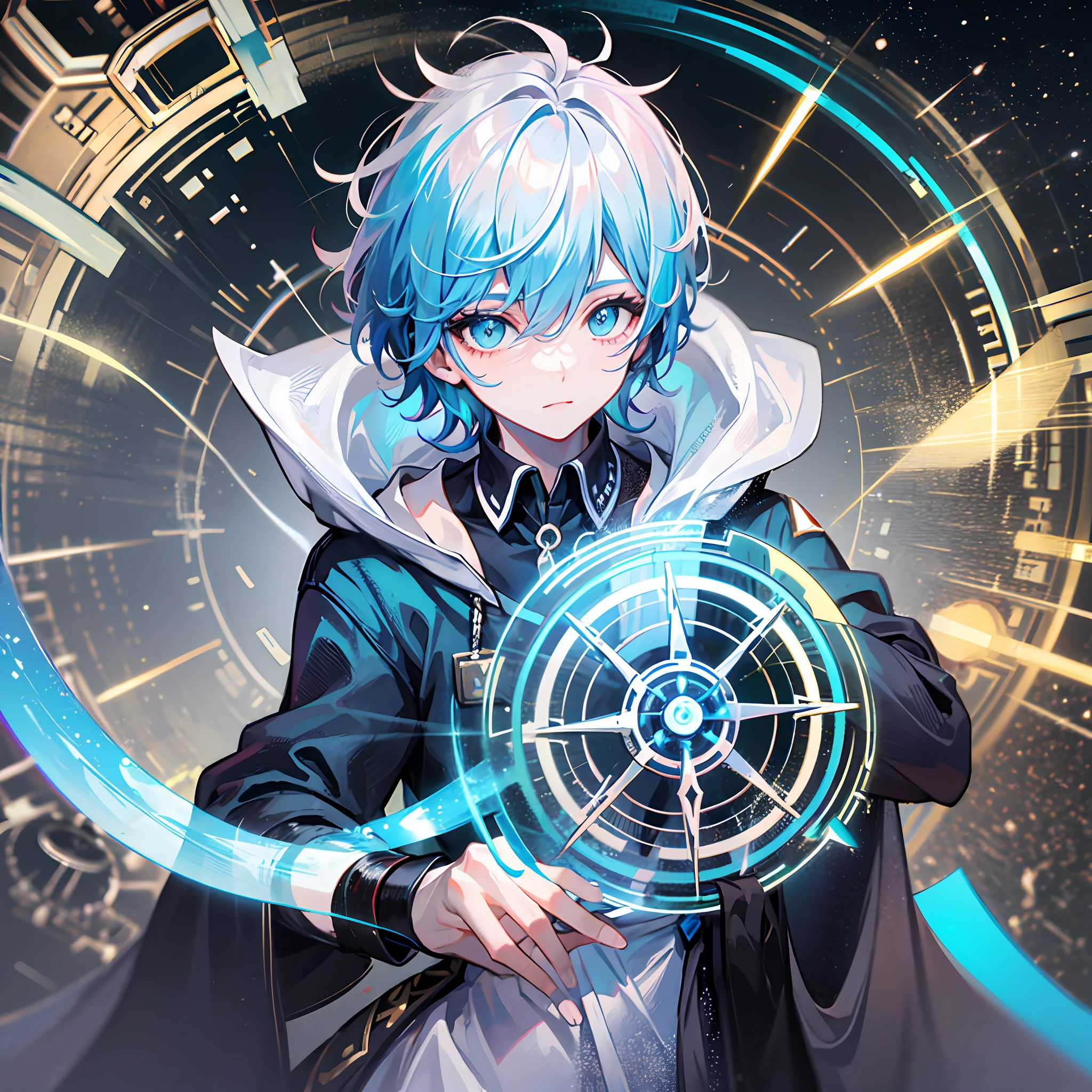 Black fluffy short hair, cyan eyes, boy, white robe, god of time and space, silver-white magic light wheel, time space element, eye condensation, attention to detail, highest quality, black fluffy short hair
