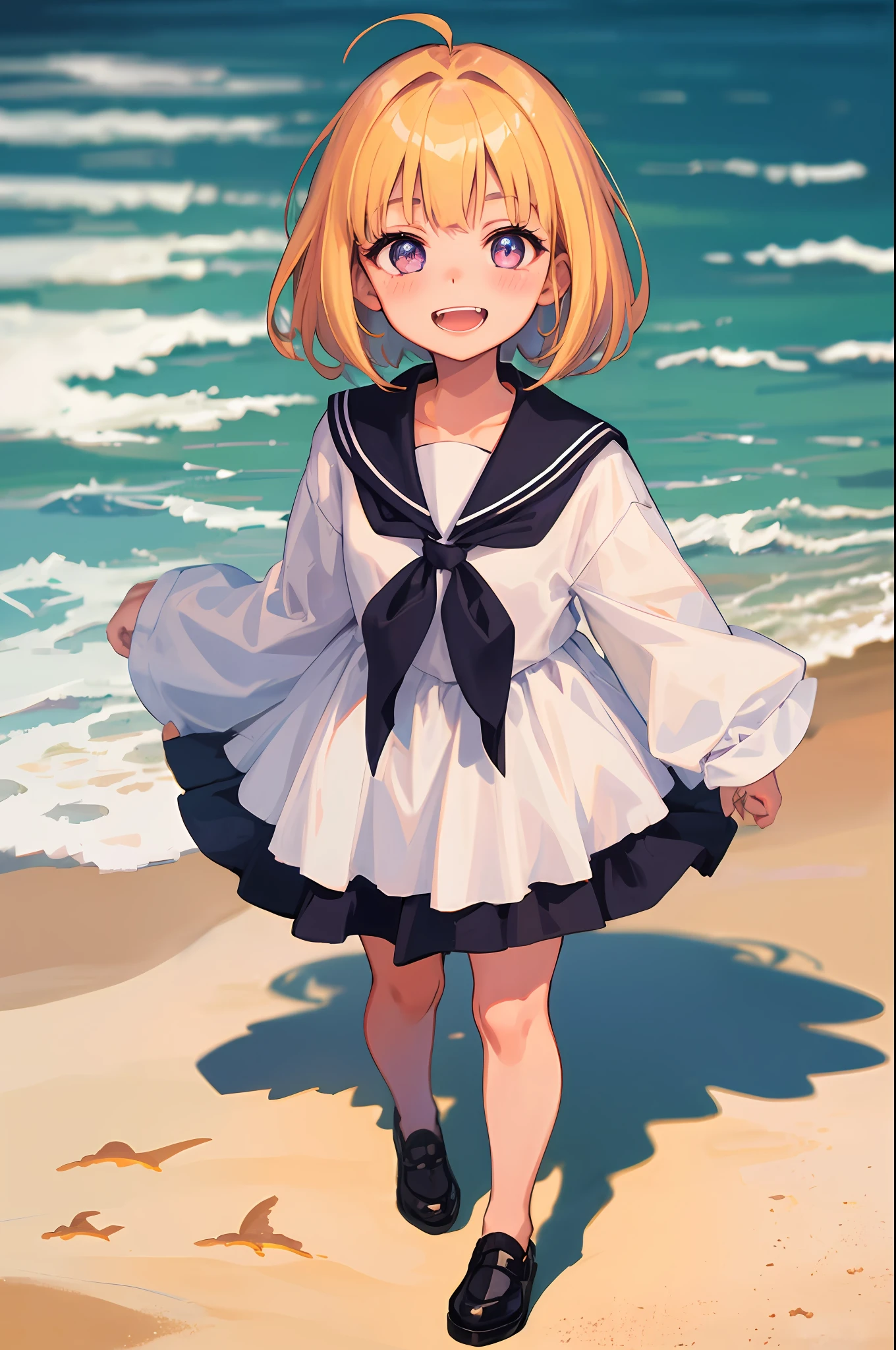 Original Character, Volumetric Lighting, Best Shadows, Shallow Depth of Field, Portrait Of Stunningly Beautiful Girl, Petite, Delicate Beautiful Attractive Face With Alluring Purple Eyes, Broadly Smiling, Open Mouth, Fangs Out, short bob Blond Hair, Blush Eye shadow, Thick Eyelashes, sailor uniform, summer, beach, Standing, full body shot, (Highest Quality, master piece, Amazing Details:1.25), (Solo:1.3), Brilliant Colorful Paintings