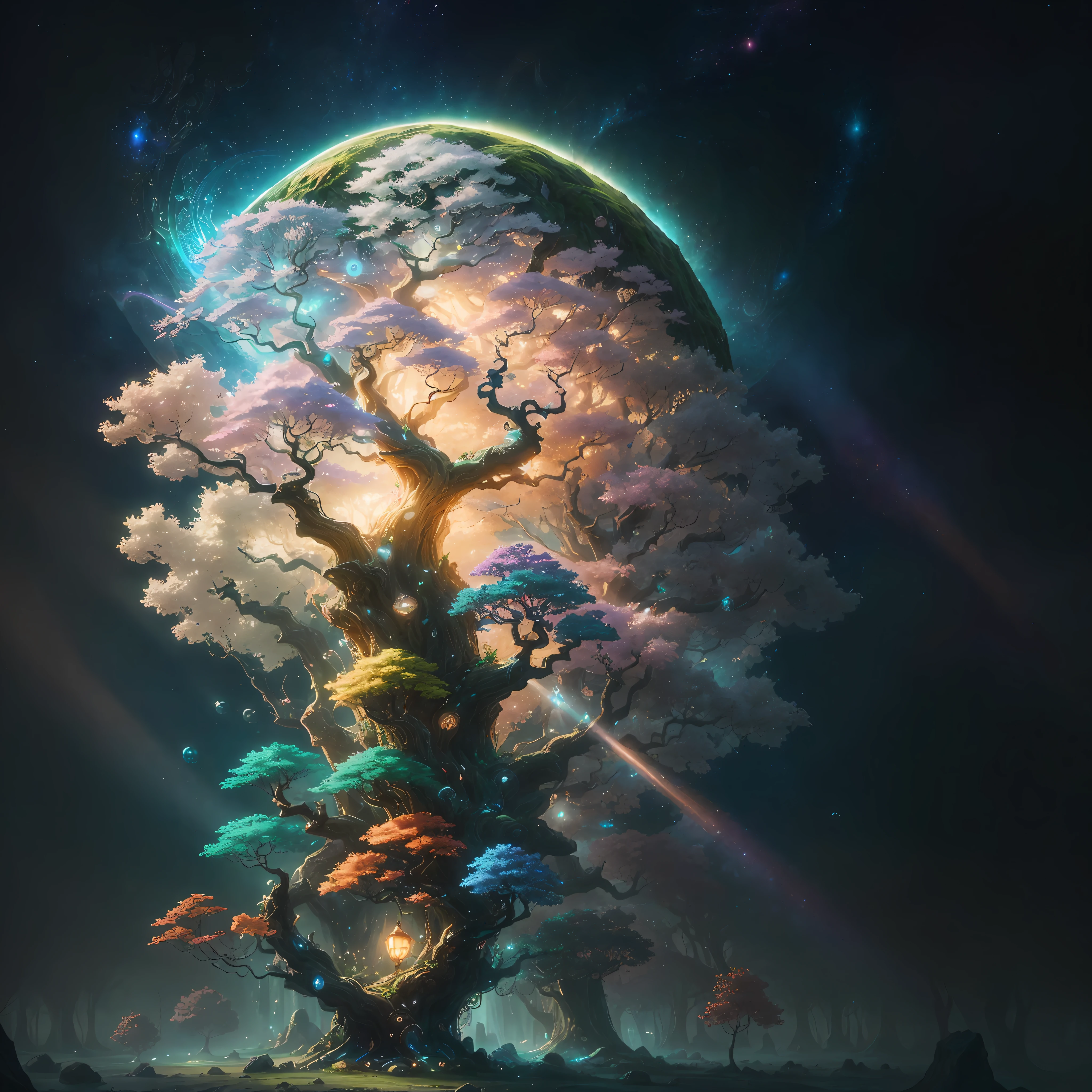 (extremely detailed CG unity 8k wallpaper,masterpiece, best quality, ultra-detailed),(best illumination, best shadow, an extremely delicate and beautiful),(colorful tree of life, Yggdrasil, magical tree, stunning illustration, fantastical tree, mystical tree, detailed artwork),floating, cosmic atmosphere, dreamlike, swirling roots, vibrant leaves, organic textures, Volumetric light. --auto --s2