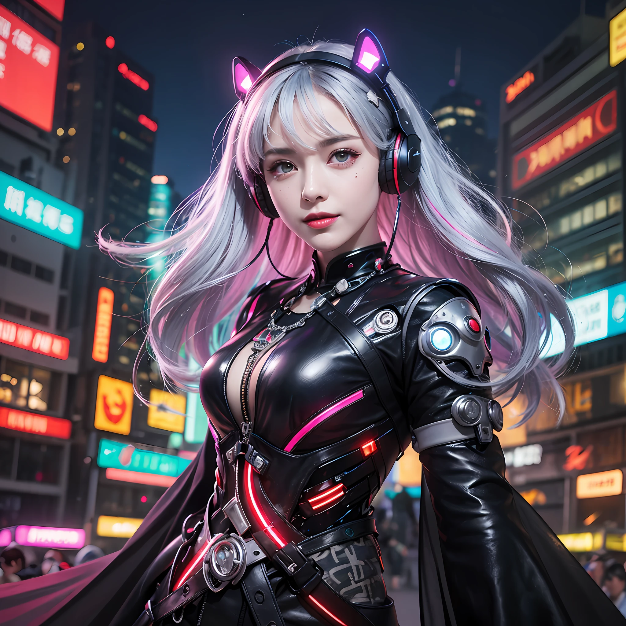 background moon, big moon behind, moon, 1 girl, Chinese_clothes, liquid silver metal and rainbow colors, cyberhan clothes, cheongsam, cyberpunk city, dynamic pose, detailed luminous headphones, glowing hair accessories, long hair, glowing earrings, glowing necklace, cyberpunk, high-tech city, full of mechanical and futuristic elements, futuristic, technology, glowing neon lights, rainbow colors, rainbow colored lights, sexy skirt, transparent black cape, laser, digital background city sky, big moon, There are vehicles, best quality, masterpiece, 8K, character edge light, super high detail, high quality, the most beautiful woman of mankind, smile, face forward left and right symmetry, ear corner decoration, long antenna glow, beautiful pupils, lighting effects, visual data, silver rainbow hair dyeing, super detailed facial texture, happy and proud, weapon system, crowded street passers-by, mecha style, wearing a glowing antenna on the head, deep eyes, far away, details of the entire city, candy-colored neon color, rainbow lights, only one character, There is only one protagonist