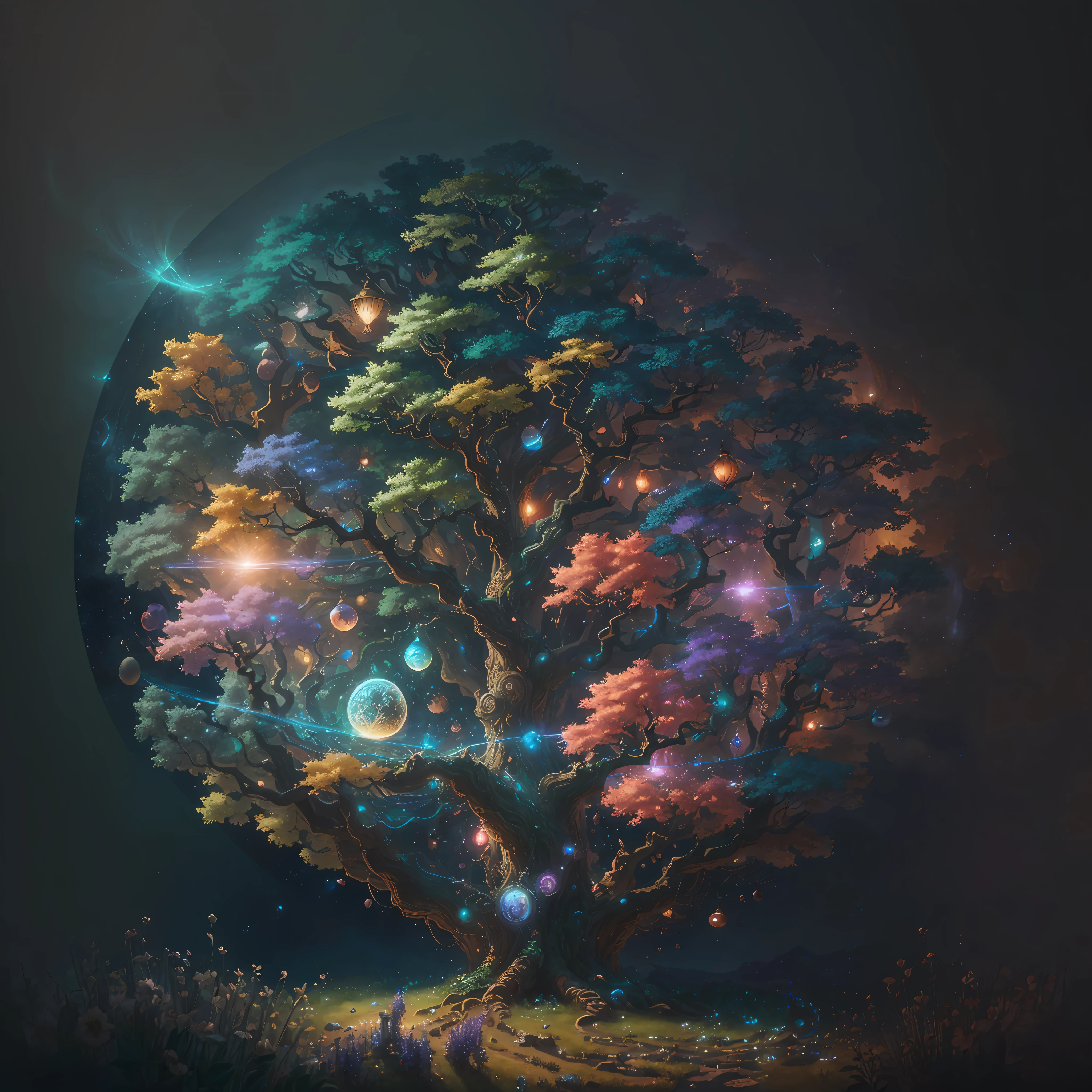 (extremely detailed CG unity 8k wallpaper,masterpiece, best quality, ultra-detailed),(best illumination, best shadow, an extremely delicate and beautiful),(colorful tree of life, Yggdrasil, magical tree, stunning illustration, fantastical tree, mystical tree, detailed artwork),floating, cosmic atmosphere, dreamlike, swirling roots, vibrant leaves, organic textures, Volumetric light. --auto --s2