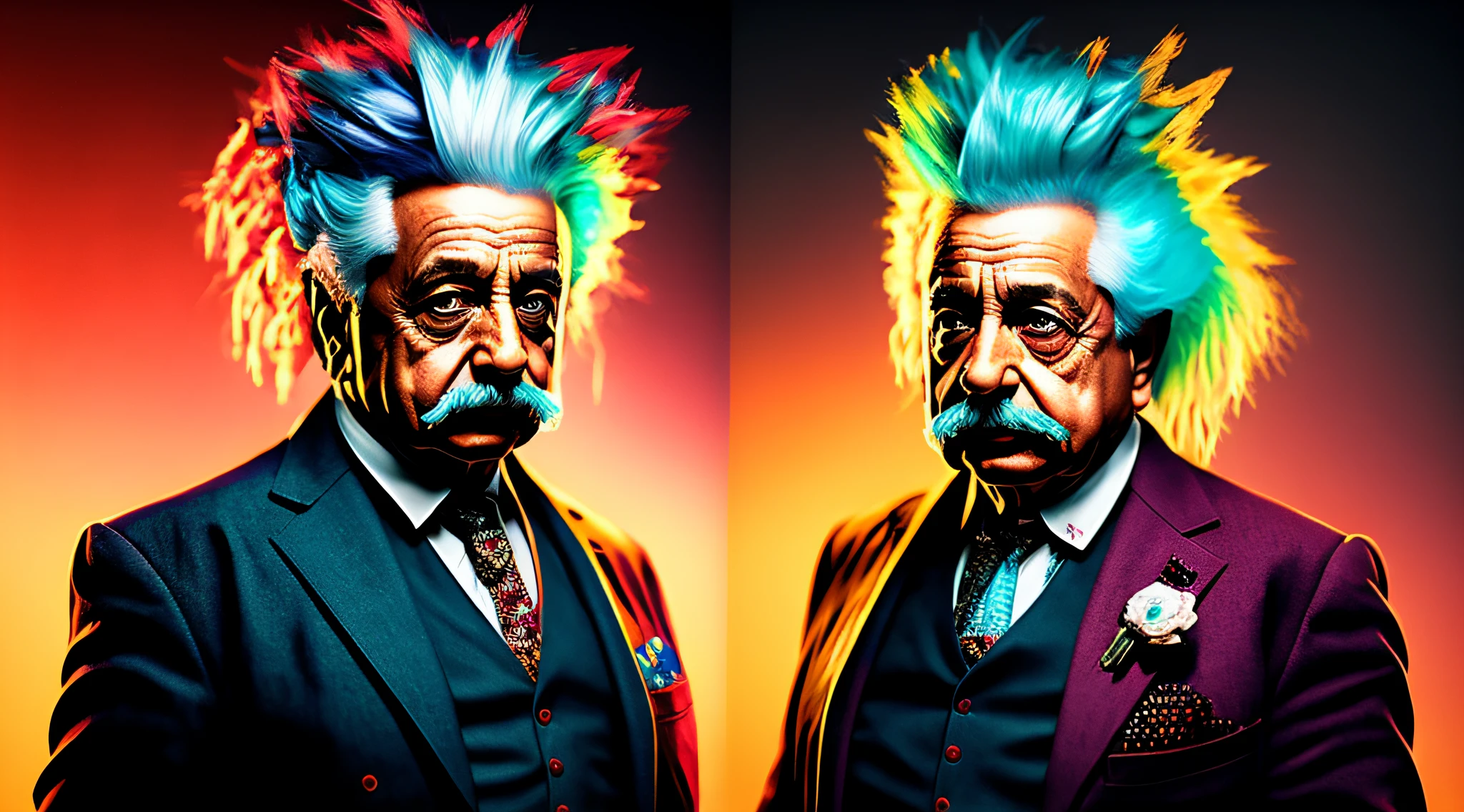 (DreamLikeArt: 1.2), Robotic Ia Splash Art Portrait Painting (Chibi Albert Einstein: 1.3), Splashart, Superhero, Powerful Attack, Dynamic Pose, Dynamic Angle, Movement, Highly Detailed Color of the Background Universe, Quantum Fracture, Science Concept, Nerd Vibes, 1900s Vibes, Antique Clothes, Stylish Suits, (Split Image Ino Two with Left Side of Multicolor Punk Style and Righ Side of Darkness Vibes Style: 1.3)
