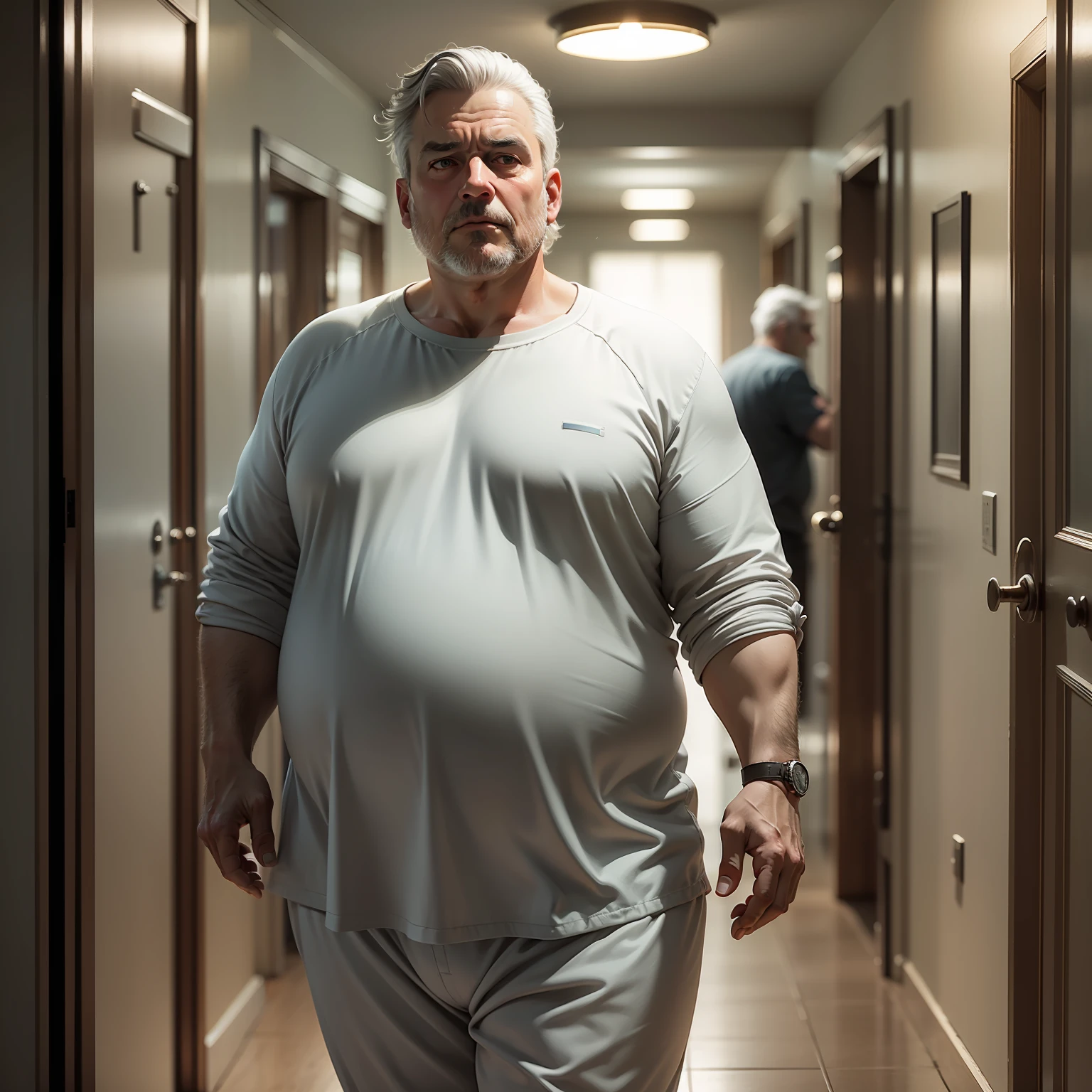 Ultra realistic image of a middle-aged man, gray hair and with entrances, chubby in the belly, dressed in pajamas, standing in a dark hallway of his house and at night, scared, dumbfounded