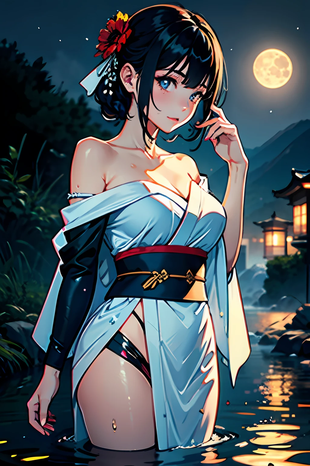 1girl, breasts, moon, lantern, night, solo, large breasts, hair ornament, wet, kimono, offshoulder, japanese clothes, wading, water, hair flower, flower, outdoors, sky, full moon, rain, black hair, off shoulder, mountain, cloud, holding, sash, bare shoulders, paper lantern, standing, white kimono, night sky, sideboob, obi, wet clothes, bangs, tree, from side, reflection, short hair, cloudy sky, wet hair (((masterpiece),(extremely detailed CG unity 8k wallpaper),best quality,,solo,1girl,cinematic lighting,detailed background,beautiful detailed eyes,bright pupils, (an extremely delicate and beautiful),(Beautiful and detailed eye description), ultra-detailed,masterpiece,)),