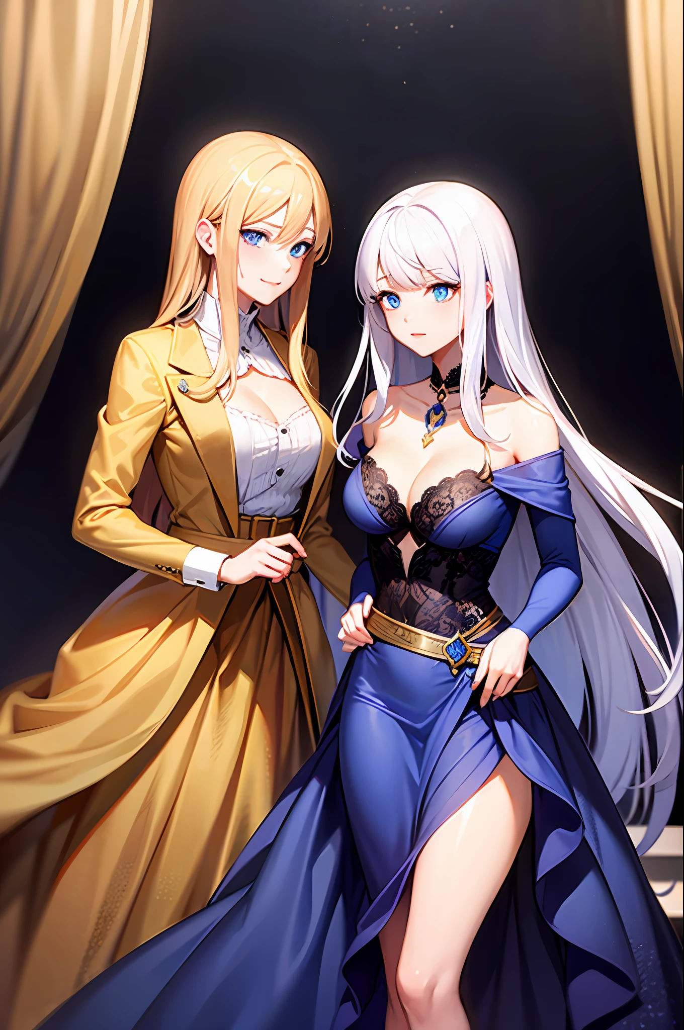 white hair, long hair, blue eyes, gown, medium breast, cleavage, short skirt, imperial, aristocratic