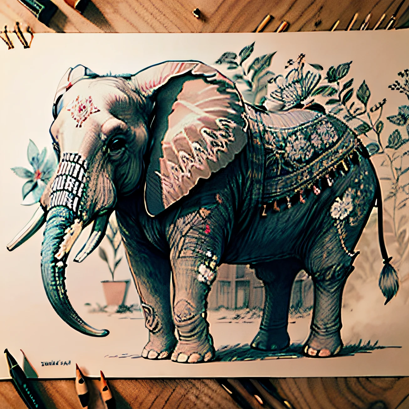 illustration of an elephant with a floral pattern on its back, half elephant, elephant, colored elephant art, cute elephant, focus on the elephant, an elephant, intricate artwork, elephant in the room, intricate detailed illustration, intricate illustration, detailed intricate illustration, hd illustration, highly detailed animal, with symmetry intricate detailed, with lots of details, intricate line drawings, paisley