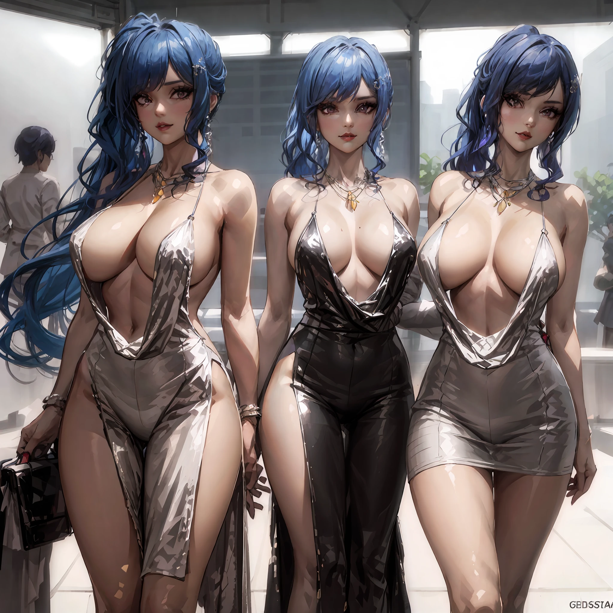 Three women in shiny dresses are posing for a photo, trending at CGstation, deviant art station CGScosiety, anime girl, opai cyberpunk, style art germ, anime style 3D, digital cyberpunk - anime art, ig model |Artgerm, digital cyberpunk anime art, three futuristic princes, Artgerm style, anime style. 8K, big breasts