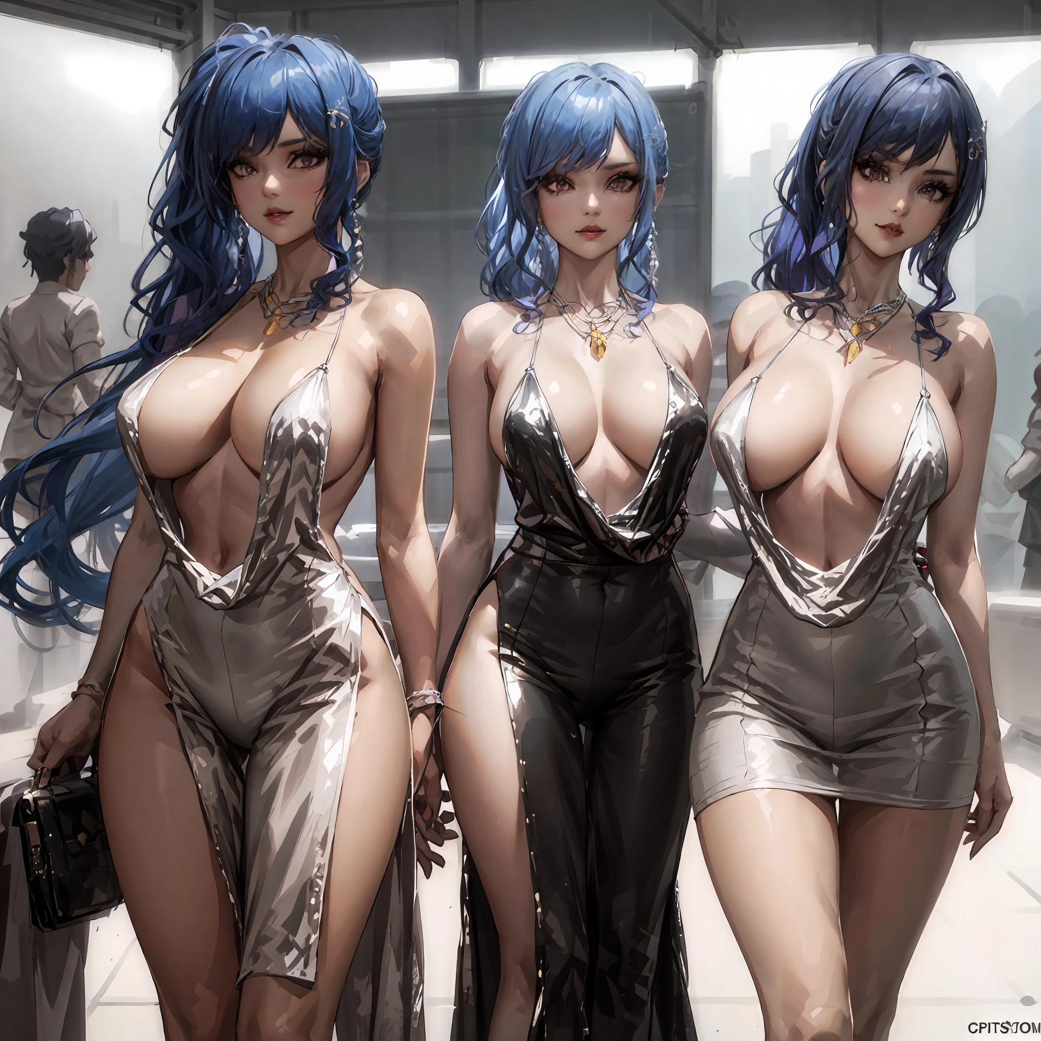 Three women in shiny dresses are posing for a photo, trending at CGstation, deviant art station CGScosiety, anime girl, opai cyberpunk, style art germ, anime style 3D, digital cyberpunk - anime art, ig model |Artgerm, digital cyberpunk anime art, three futuristic princes, Artgerm style, anime style. 8K, big breasts