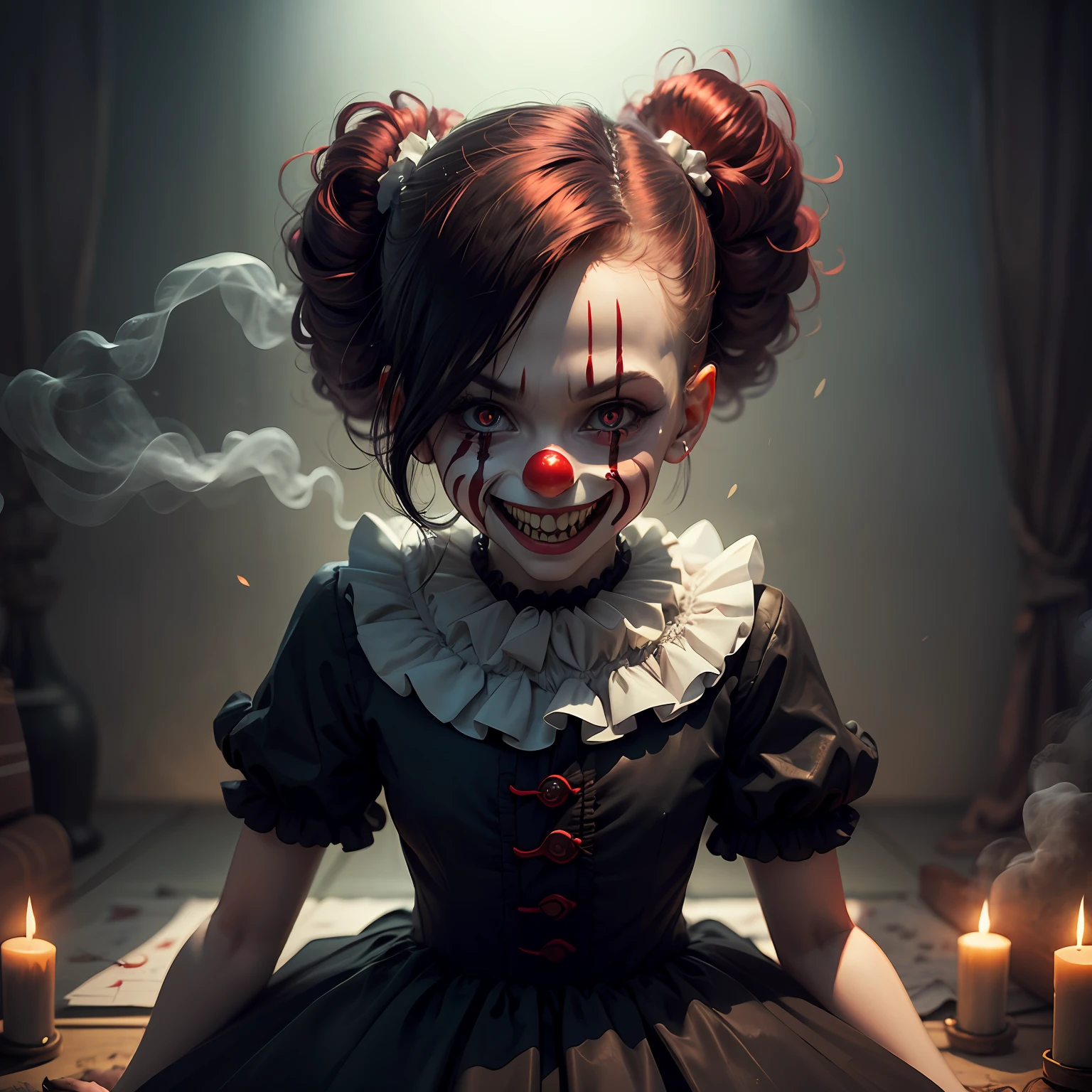 Coming out a black smoke around a sinister devilish clown with a demonic smile looking like a realistic doll of a clown in a room of a night without energy enveloping the darkness with black eyes coming out a certain glow --auto