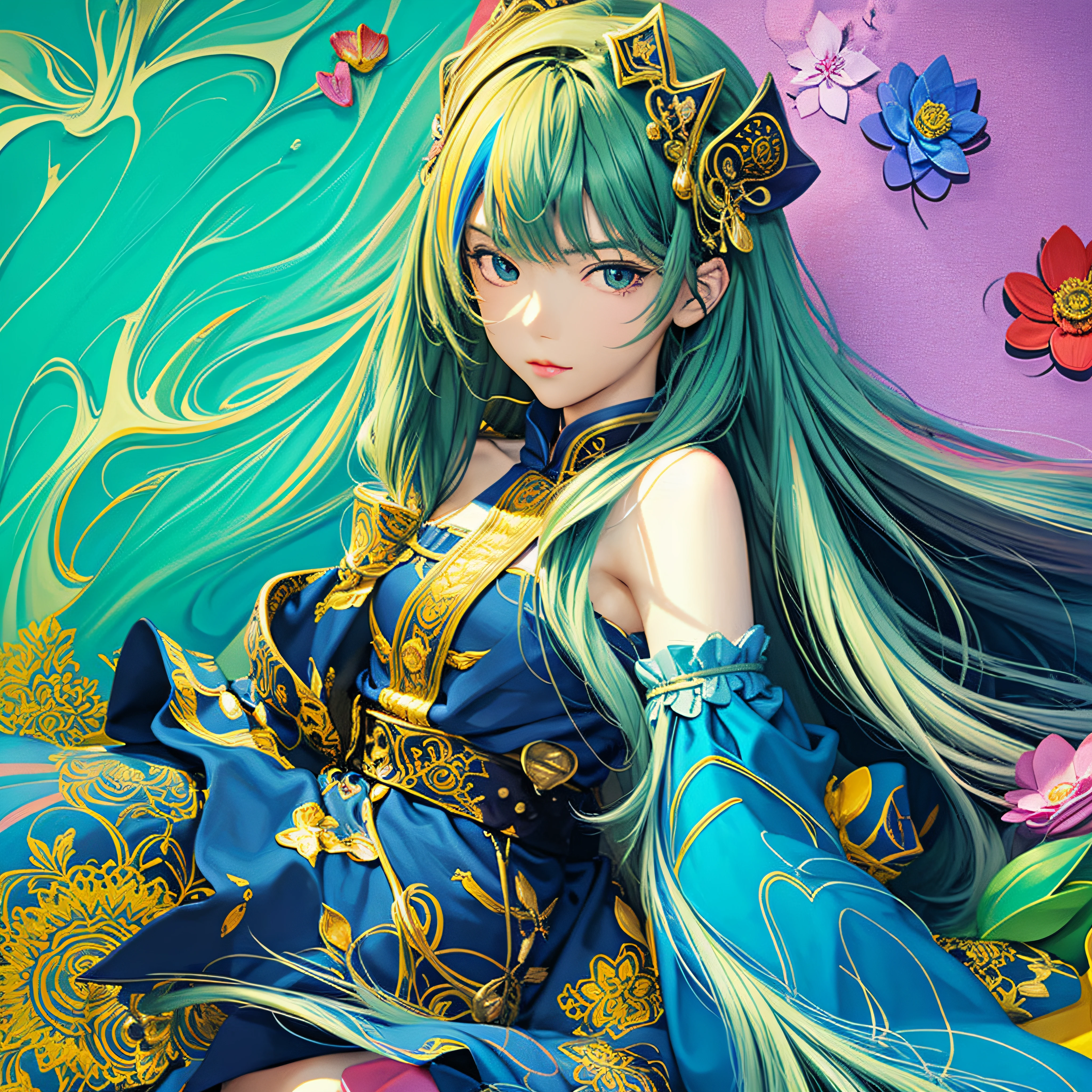 (flat color:1.1),(colorful:1.3),(masterpiece:1.2), best quality, masterpiece, original, extremely detailed wallpaper, looking at viewer,1girl,solo,floating colorful water,
