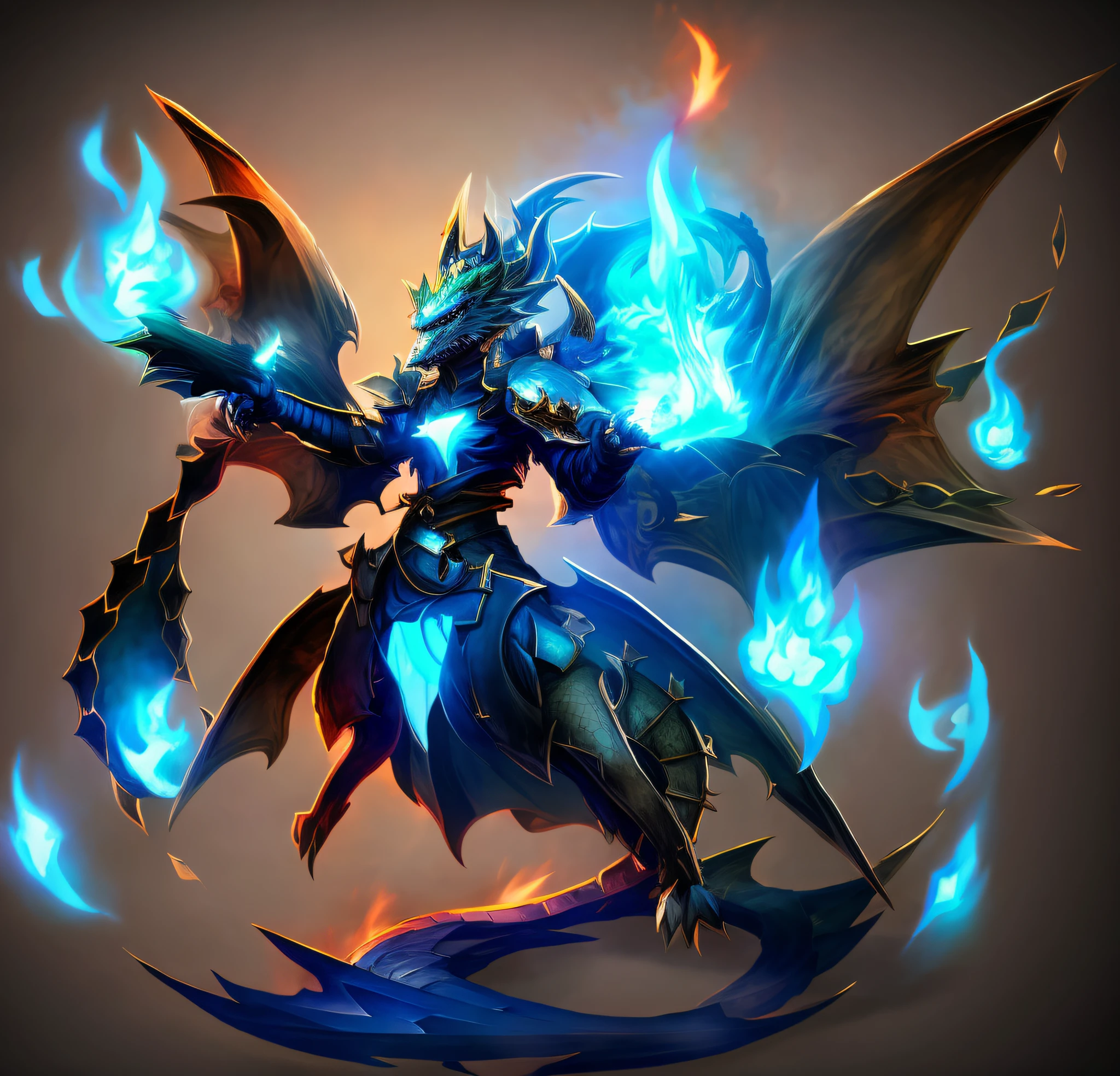 Cartoon image with blue flame, Duelyst style, dragon knight, black fox mage, fusion of human and dragon, draconic, dragon dra, blue flame power, epic dragon, charming digimon, as badass monster hunter, dragon king, dragon in the dragon's nest, stern design, dragon king. Blue Ghost Fire.