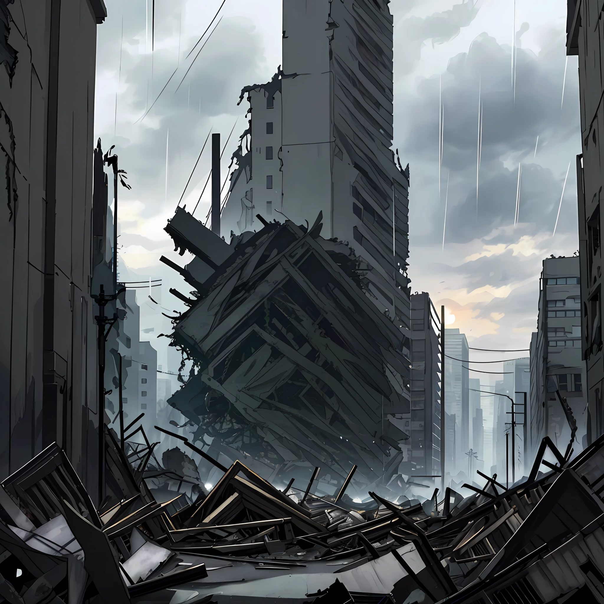 Military base, night, within view of the destroyed city, ruins, dark cloud, many broken cars, no humans, rainy day, ((apocalyptic)), (masterpiece:1.3), (best_quality:1.3), (ultra_detailed:1.3), 8k, extremely_clear, realism, (ultra-realistic:1.3),