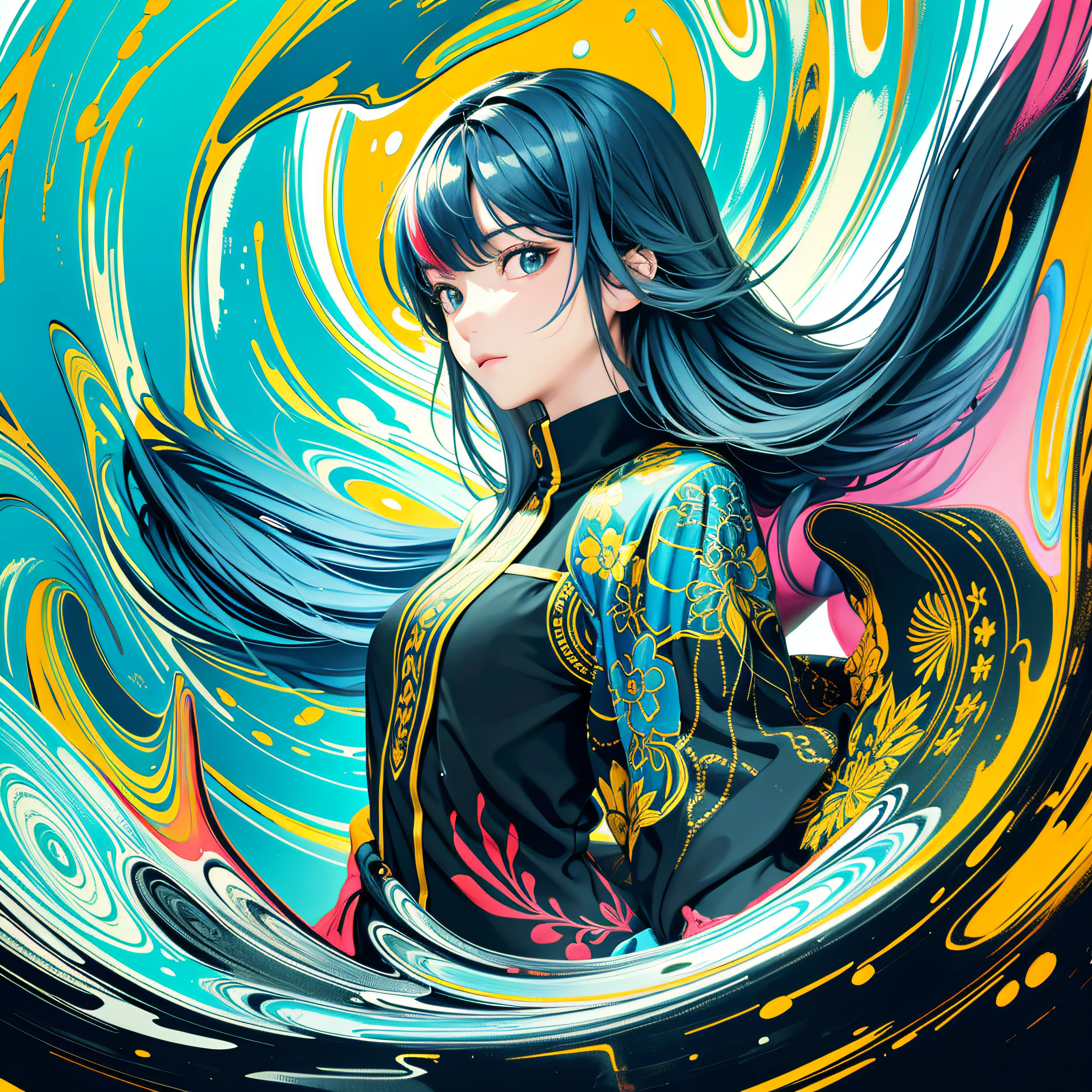 (flat color:1.1),(colorful:1.3),(masterpiece:1.2), best quality, masterpiece, original, extremely detailed wallpaper, looking at viewer,1girl,solo,floating colorful water,