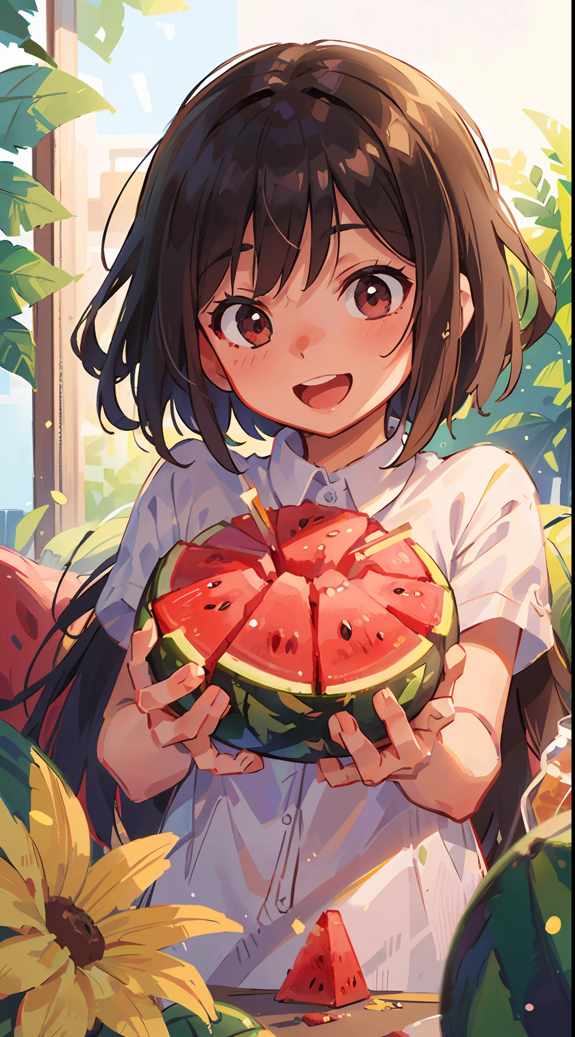 Girl, Watermelon, Happy, Summer, Perfect Quality, Clear Focus (Clutter - Home: 0.8), (Masterpiece: 1.2) (Realistic: 1.2) (Bokeh) (Best Quality) (Detailed Skin: 1.3) (Intricate Detail) (8K) (Detail Eye) (Sharp Focus), (Happy