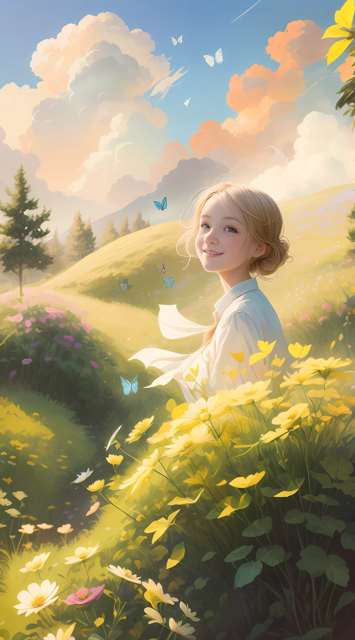 Illustration of a blonde girl with long hair, , "happy" in an enchanted flower field, blue sky of clouds, playing with butterflies, beautiful illustration, beautiful painting, beautiful UHD 4k art, beautiful art, a beautiful art illustration, art in the style of guweiz, beautiful painting, atey ghailan 8k, artgerm and atey ghailan, blonde girl with long hair, 10 years, happy in an enchanted field of flowers, playing with butterflies, (butterflies). (best quality, masterpiece), 1girl, pose, particle, wind, flower, full body, enchanted garden background, looking at butterflies. --auto