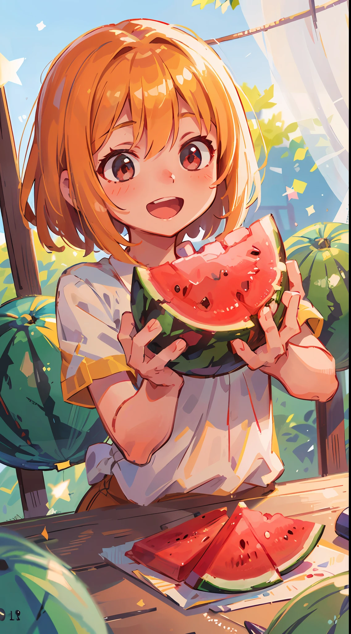 Girl, Watermelon, Happy, Summer, Perfect Quality, Clear Focus (Clutter - Home: 0.8), (Masterpiece: 1.2) (Realistic: 1.2) (Bokeh) (Best Quality) (Detailed Skin: 1.3) (Intricate Detail) (8K) (Detail Eye) (Sharp Focus), (Happy