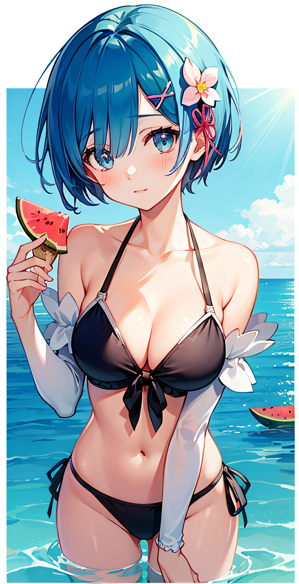(masterpiece, best quality;1.3), ultra detailed, ooking at viewer, rem_re_zero, Facial close-up,blue hair, short hair, hair ornament, cleavage, detached sleeves, masterpiece, top quality, best quality, 1 girl, swimsuit party, in the water,fish,watermelon,cute style, perfect structure, summer theme,(Transparent Bikini:0.8),Hand held ice cream,